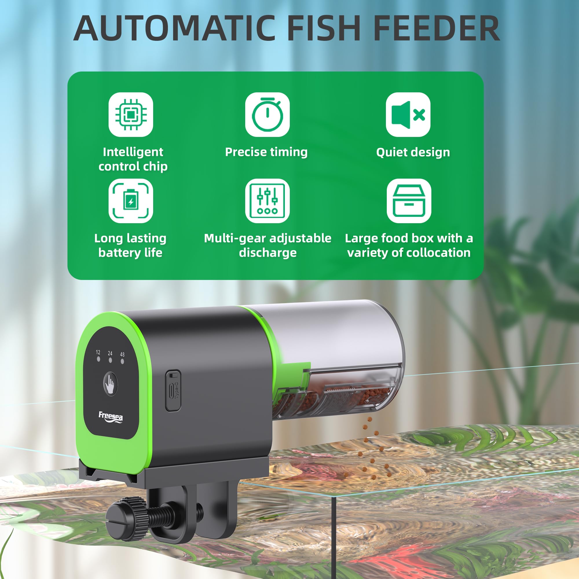 FREESEA Automatic Fish Feeder for Aquarium - USB Rechargeable Auto Fish Food Dispenser with Timer for Vacation & Daily Feeding | Perfect for Small to Medium Fish Tanks