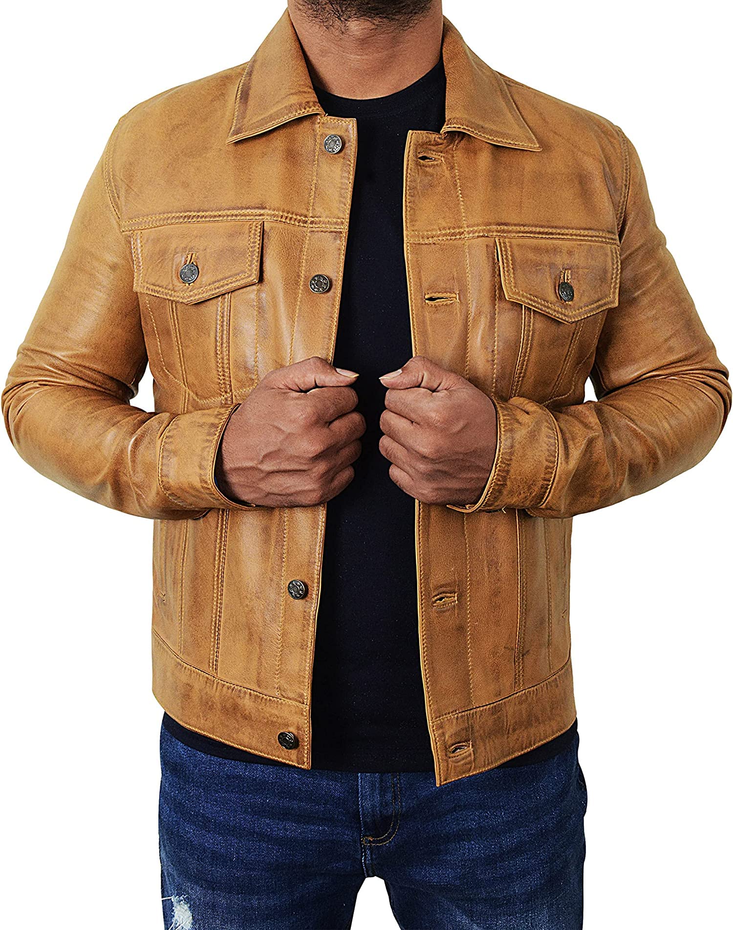 Men's Slim Fit Genuine Lambskin Leather Trucker Jacket with Button Closure - Stylish Shirt-Style Design for Casual Wear & Outdoor Adventures