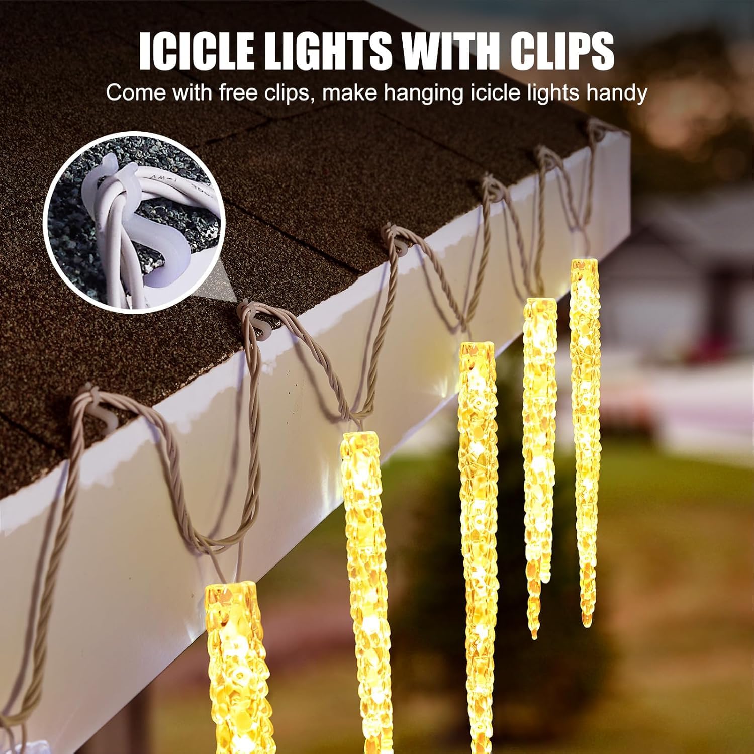 Minetom 20ft 100 LED Waterproof Outdoor Icicle Christmas Lights - Connectable Warm White Twinkling Crystal String Lights with Clips for Eaves, Perfect for Holiday Decorations, Patio Lighting, and Winter Wedding Decor