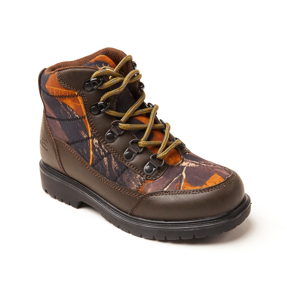 Kids' Hunting Boots in Dark Brown & Camo - Waterproof & Durable for Outdoor Adventures, Hiking, and Camping