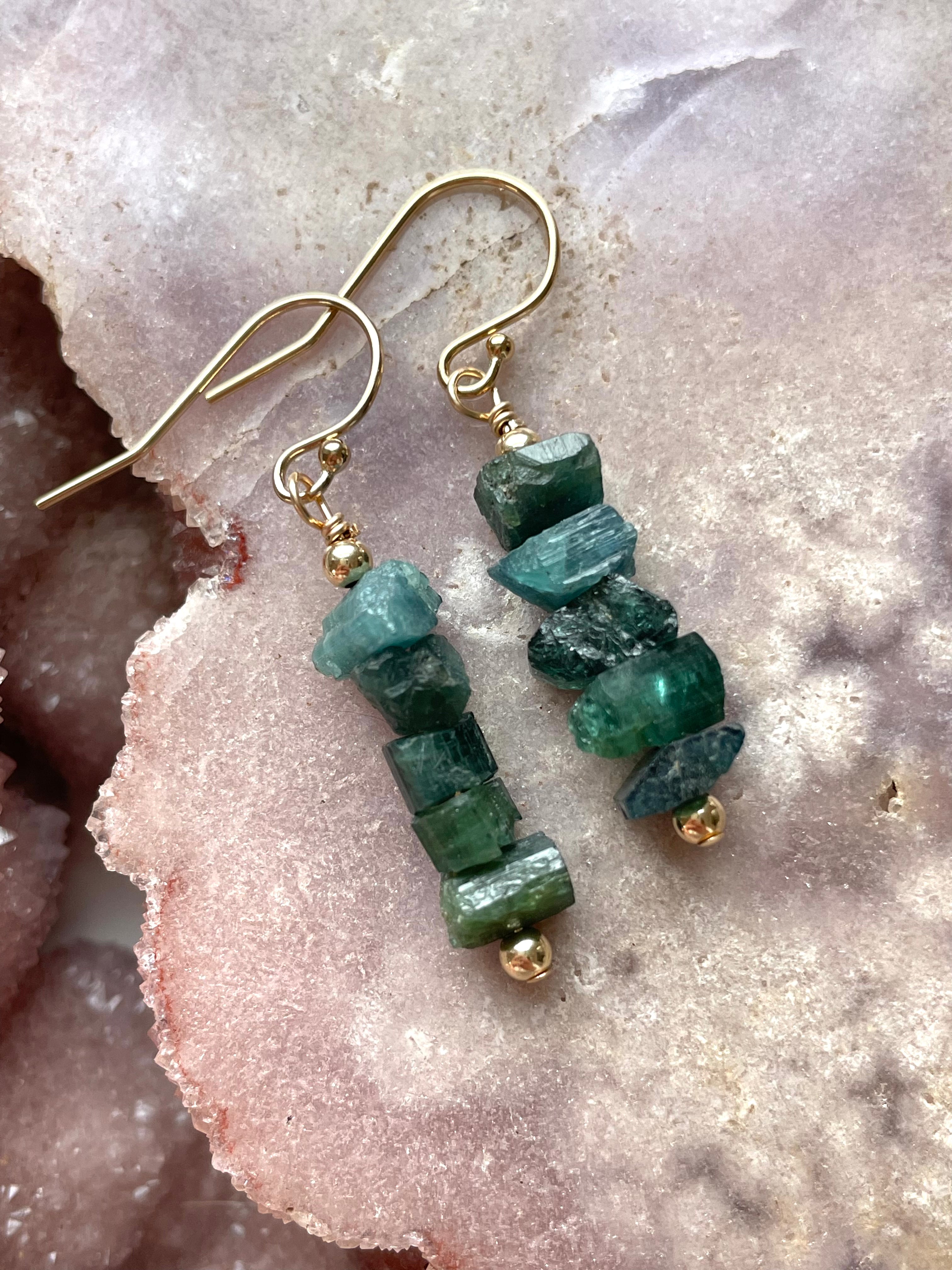 Natural Green Tourmaline Dangle Earrings - Raw Crystal Drop Earrings in 14K Gold for Women | Boho Chic Jewelry Gift for Birthday, Wedding & Everyday Wear