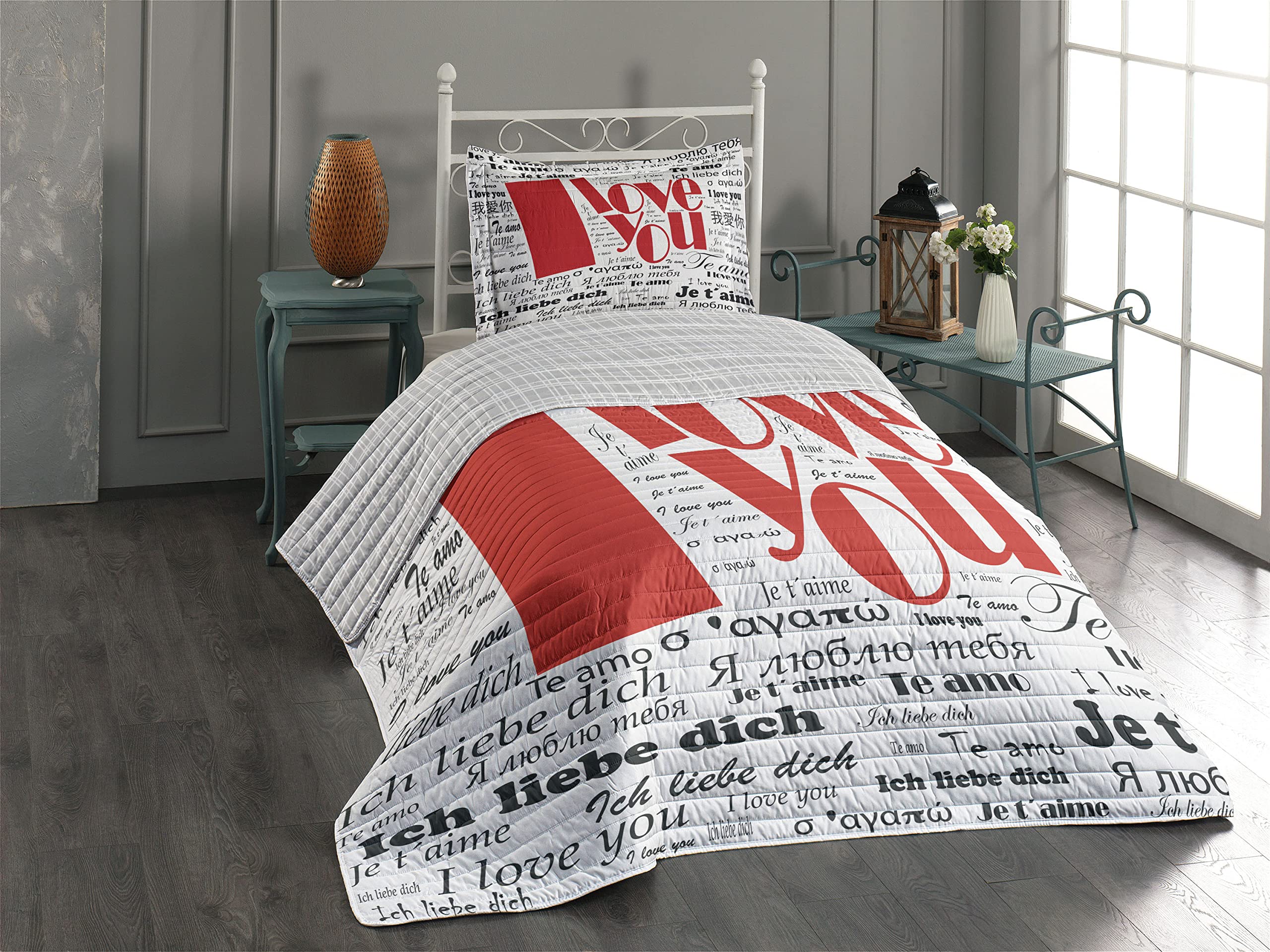 Ambesonne Reversible Bedspread Set - 'I Love You' Newspaper Print with Happy Mother's Day Lettering, Microfiber Comforter & Pillow Shams, Twin Size in White & Black | Perfect for Valentine's Day Gifts, Anniversary Presents & Contemporary Bedroom Decor