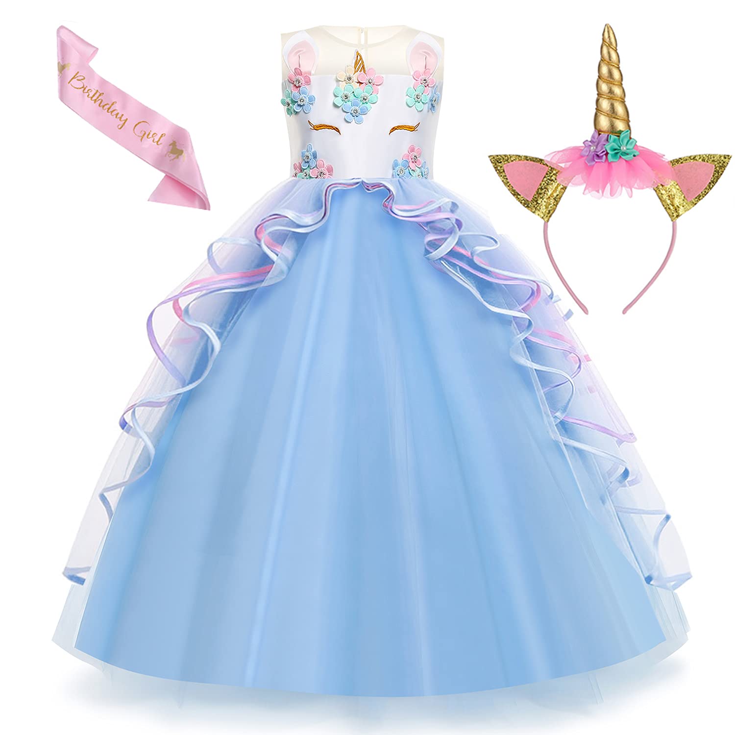 Magical Unicorn Princess Dress for Girls - Sparkly Long Satin Pageant Gown with Matching Headband | Perfect for Birthday Parties, Pageants, Halloween & Dress-Up Play