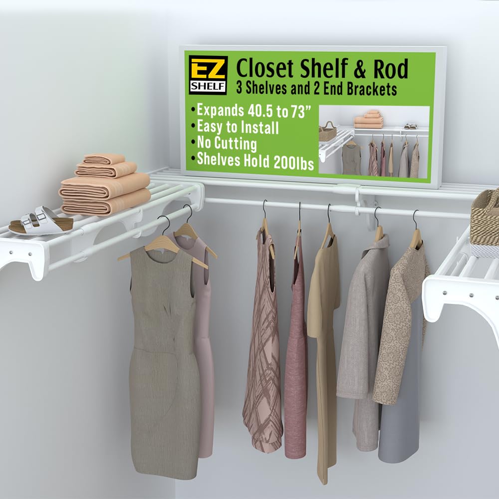EZ Shelf Expandable Closet Organizer Kit with Heavy Duty End Brackets - Space Saving Storage Solution for Bedroom, Closet & Garage Organization