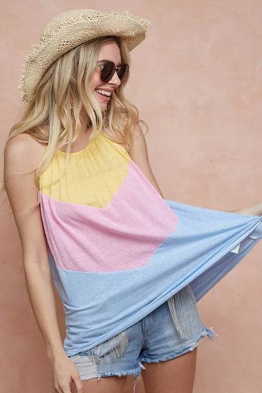 BiBi Triblend Knit Color Block Halter Neck Top - Women's Fashion Casual T-Shirt for Summer, Beach & Party Outfits