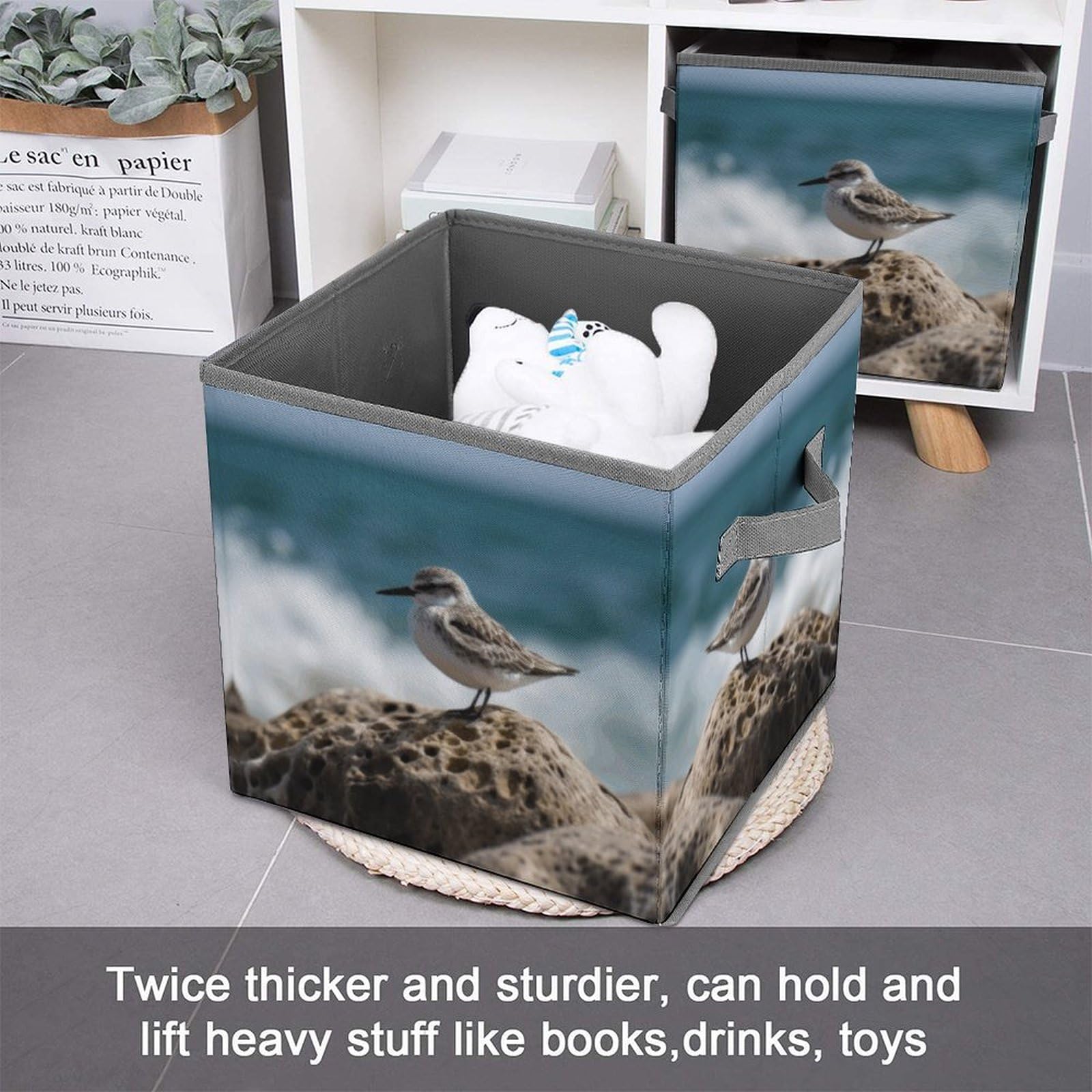 Foldable Storage Cube with Handle - Bird Perching on The Rock Design - Clothes Organizer Bin for Cabinet, Shelf & Closet Organization - Perfect for Bedroom, Nursery & Home Decor Storage Solutions