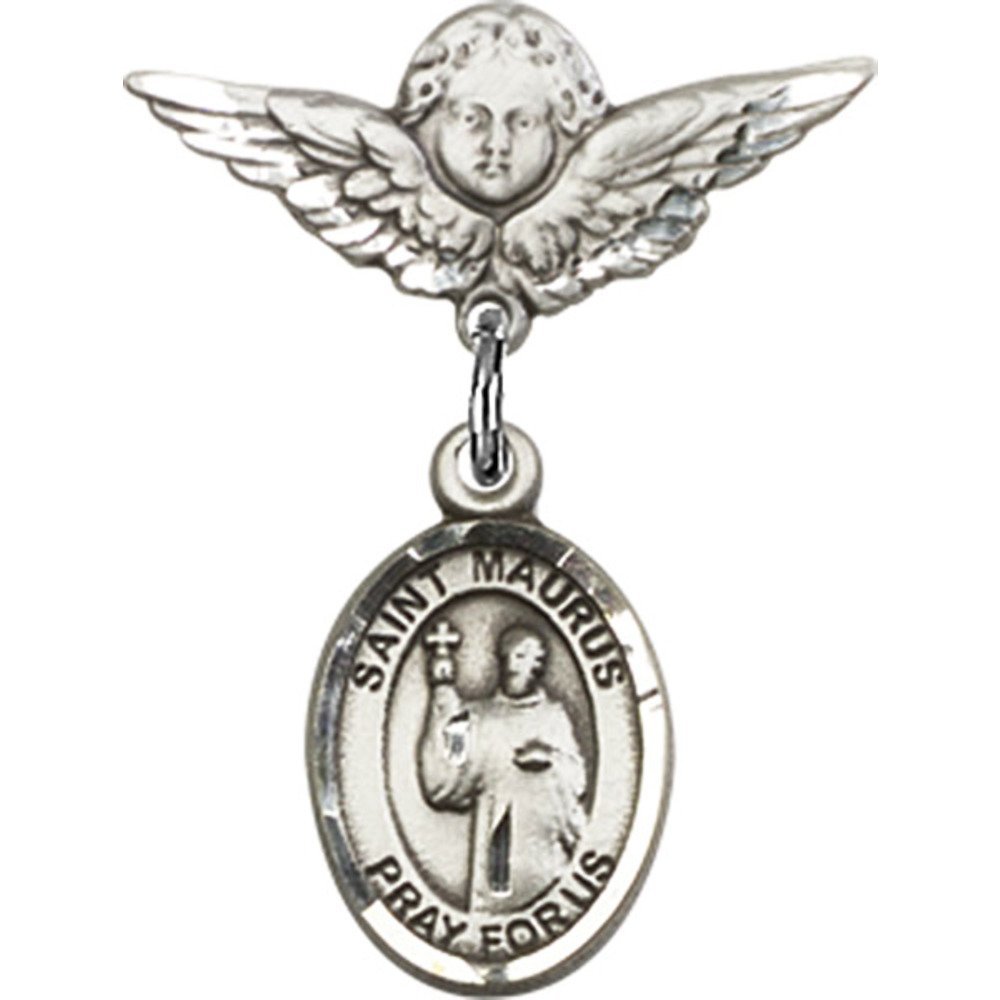 St. Maurus Sterling Silver Baby Badge with Angel Wing Charm - 7/8 X 3/4 Inch Religious Pin for Christening, Baptism & First Communion Gifts