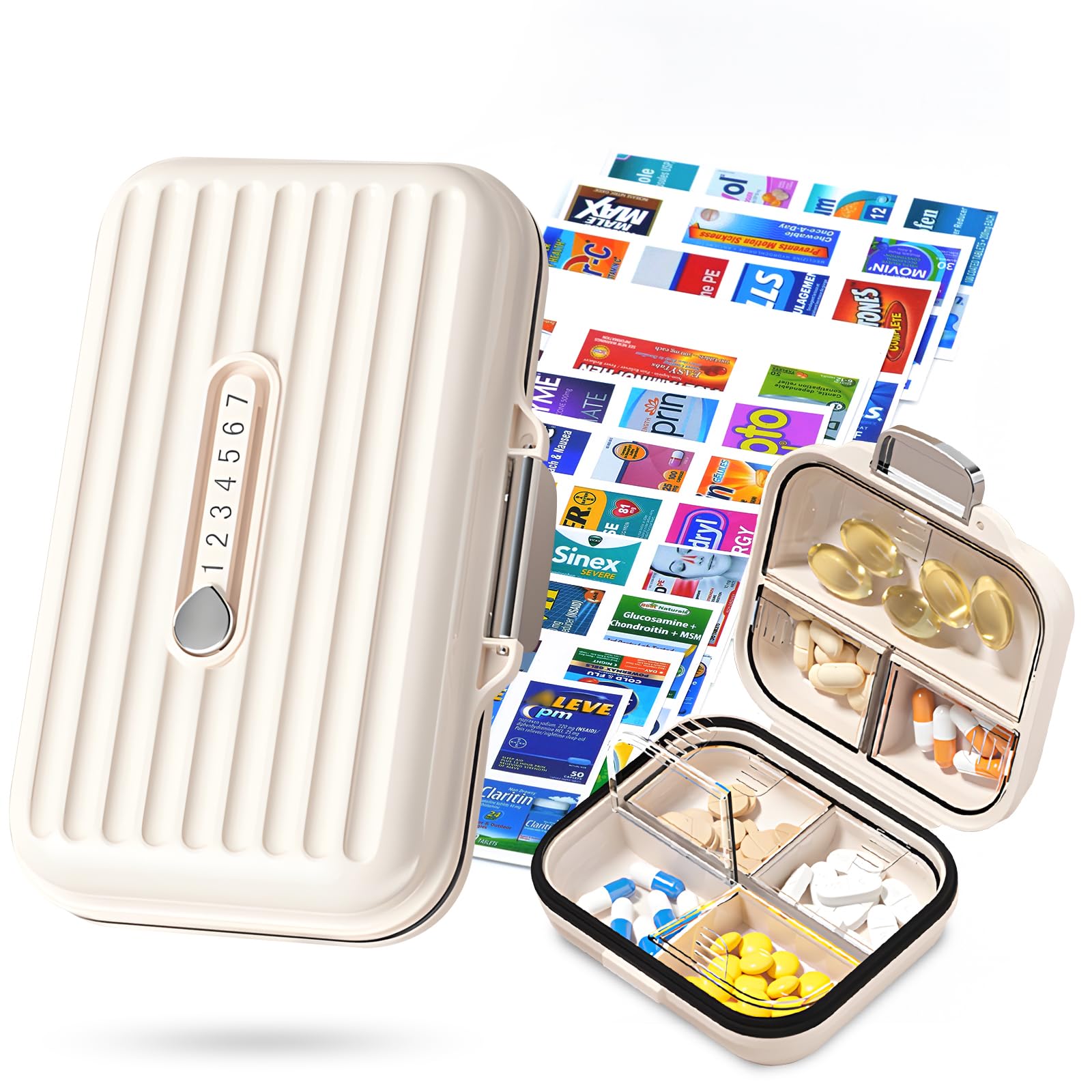 2-Pack 7-Compartment Travel Pill Organizer Box with Medicine Labels | Portable Daily Medication Case for Vitamins, Supplements & Pills | Perfect for Travel, Work, Gym & Home Use (Pearly White, S+L Size)