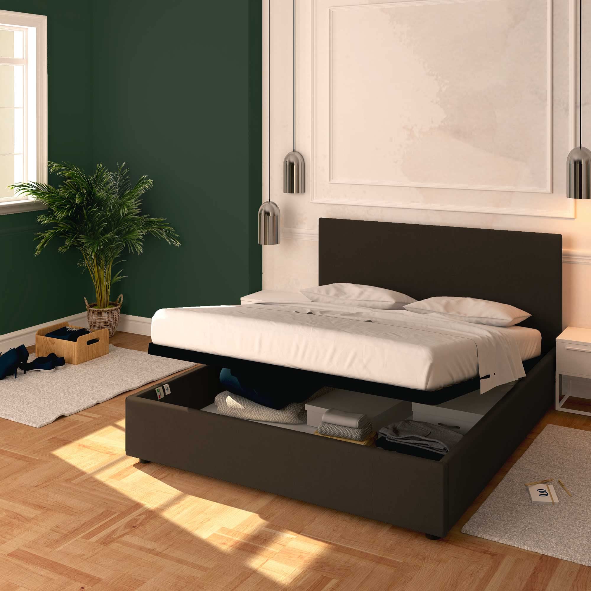 Baldiflex Rossano Queen Size Bed Frame with Storage - Synthetic Leather Upholstery, Slatted Base for Mattress Support, 140x200cm, Elegant Dark Brown Headboard - Perfect for Master Bedroom, Guest Room, or Small Space