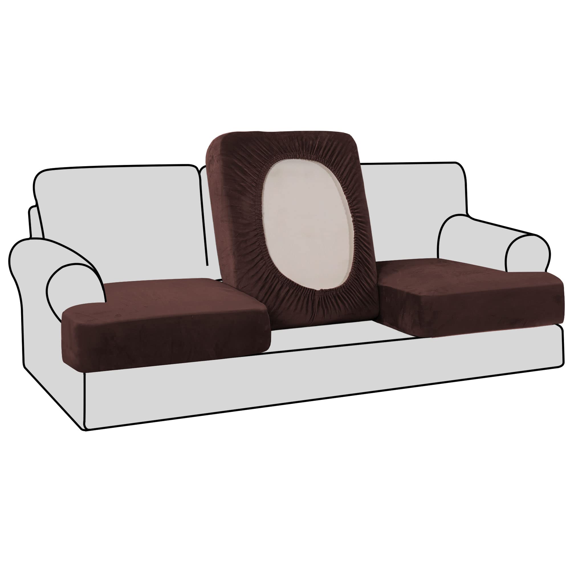 H.VERSAILTEX Stretch Velvet 3-Piece Sofa Slipcover Set - Soft T-Cushion Covers for 3-Seater Couch, Non-Slip Design in Elegant Brown - Perfect for Living Room, Family Room & Home Decor Upgrade