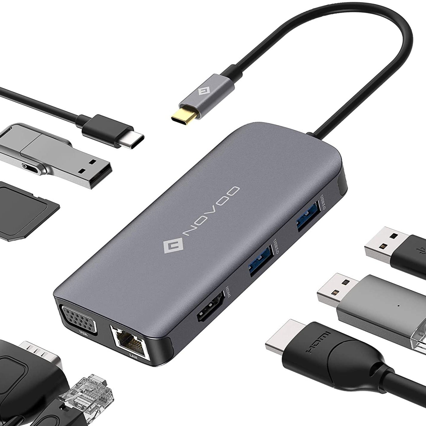 NOVOO 9-in-1 USB C Hub with 4K HDMI, USB 3.0 Ports, SD/TF Card Reader - Perfect for MacBook Pro, Chromebook & Laptop Accessories (Work, Travel & Home Office)