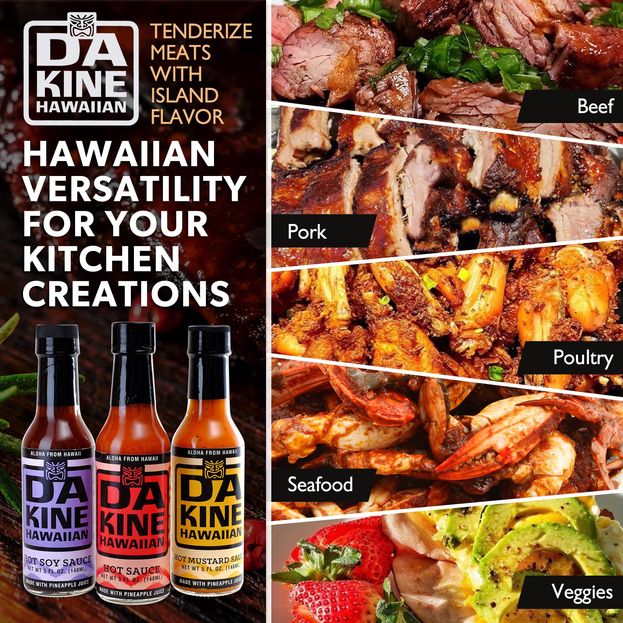 Da Kine Hawaiian Hot Sauce Sampler Set of 3 - Hot Soy, Mustard & Classic Flavors - Pineapple Juice Infused for Meat Tenderizing - Perfect for Marinades, Dipping & BBQ, Grilling, Hawaiian Dishes