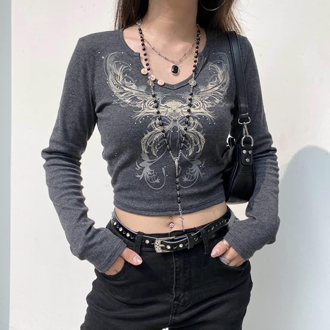 ONLYWOOD Women's Sexy Long Sleeve Crop Top V-Neck Tee with Butterfly Rhinestone Design - Perfect for Night Out, Party, and Casual Wear