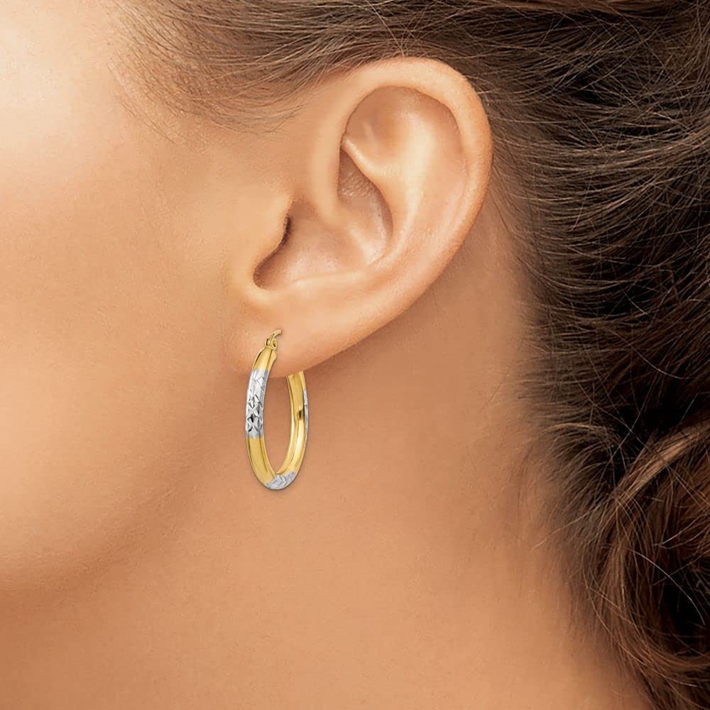 14K Yellow Gold Two-Tone Diamond-Cut Hoop Earrings for Women - 3x25mm Elegant Dangle Hoops for Everyday Wear, Parties & Gifts