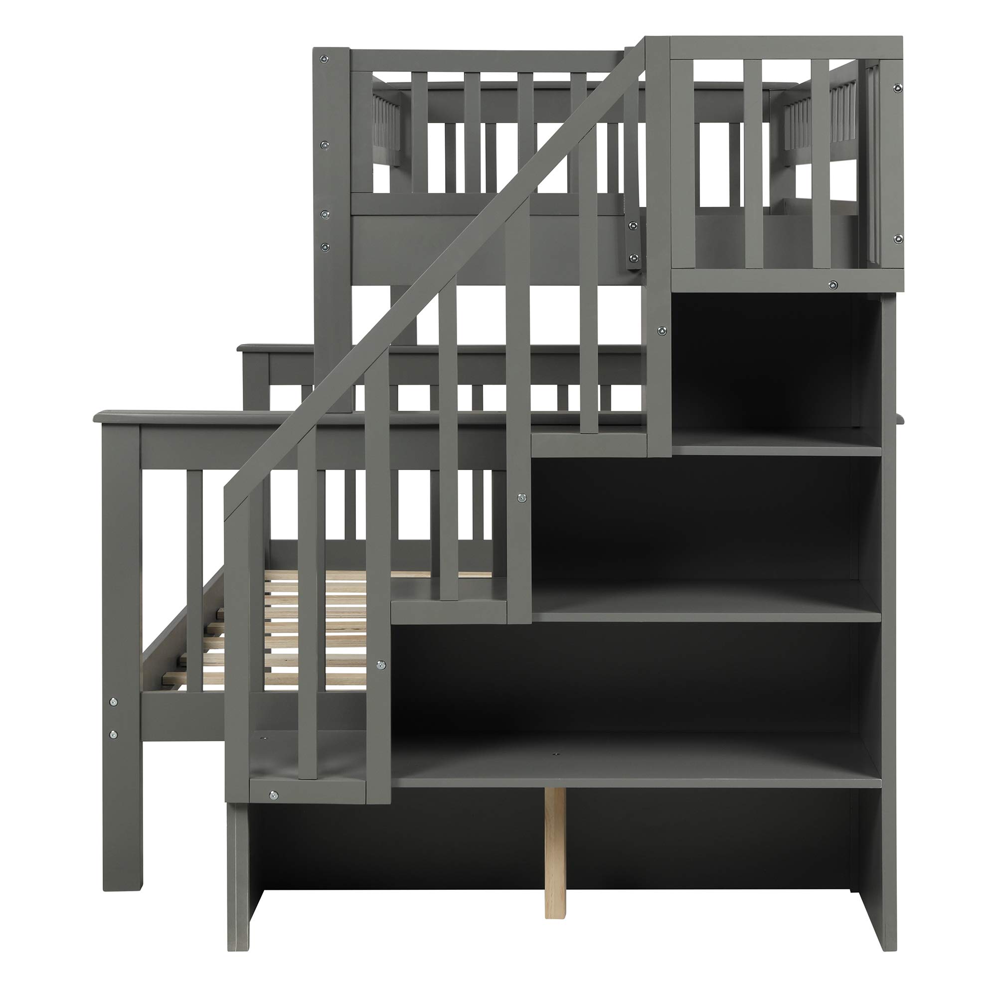 P PURLOVE Stackable Twin Over Full Bunk Bed with Stairway - Wooden Storage Bunk Bed with Shelves & Guard Rail for Kids & Teens - Convertible into 2 Separate Beds - Gray Bed Frame - Perfect for Small Bedrooms, Dorms & Shared Kids' Rooms