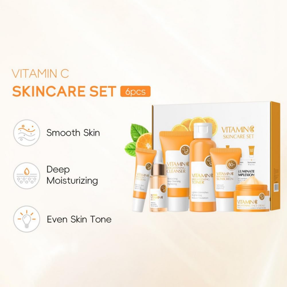 NAOLVE Vitamin C Skincare Set - 6 Piece Anti-Aging Kit with Cleanser, Toner, Serum, Eye Cream, Moisturizer & SPF Sunscreen - Brightening Facial Care Routine for Glowing Skin - Perfect Travel Skincare Gift Set for Women - Ideal for Daily Use, Morning & Night Routine