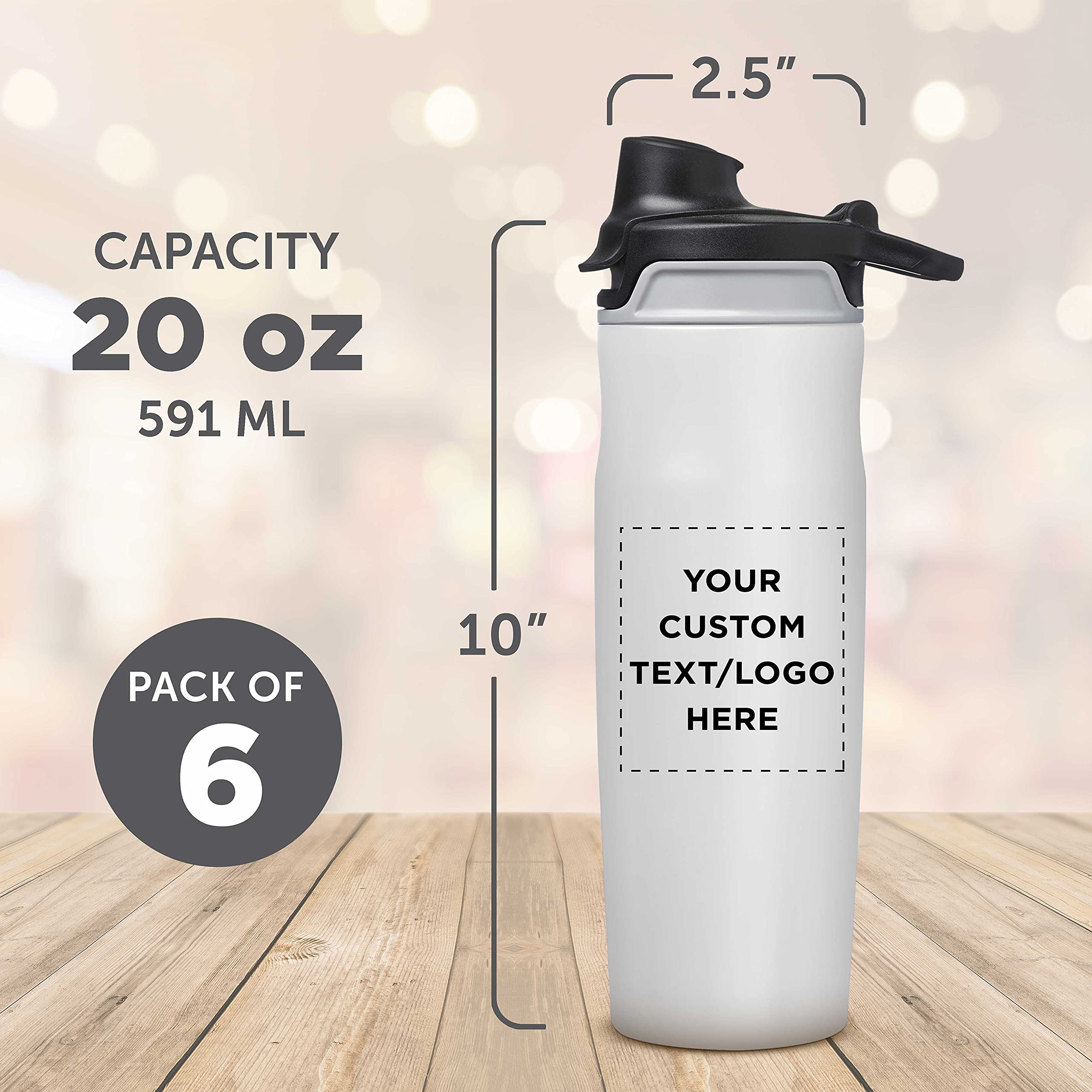 Custom Juno 20 oz Water Bottles with Flip Lid - Set of 6 Reusable Personalized Bottles for Gym, Hiking, Cycling & School - Bulk Pack Promo - White - Perfect for Sports, Outdoor Activities & Daily Hydration