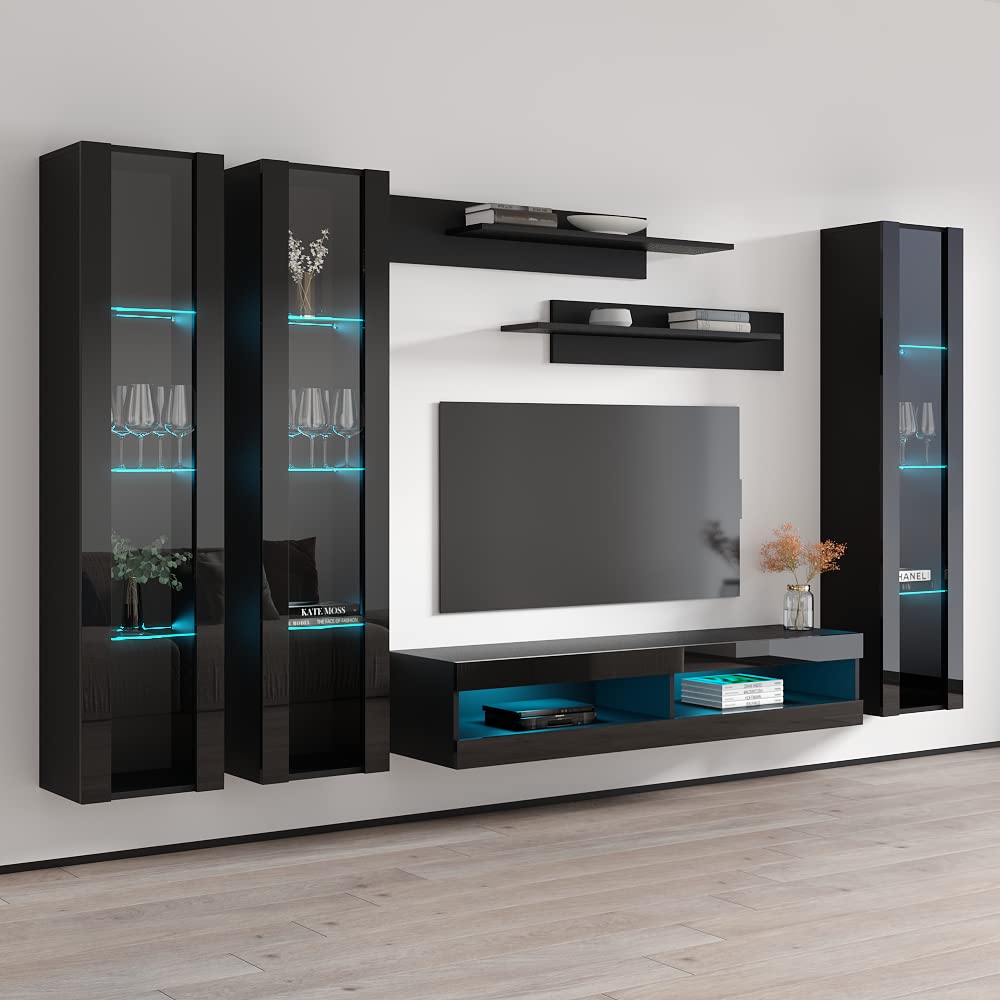 Modern Wall-Mounted TV Stand with Storage Shelves & LED Lights - 34
