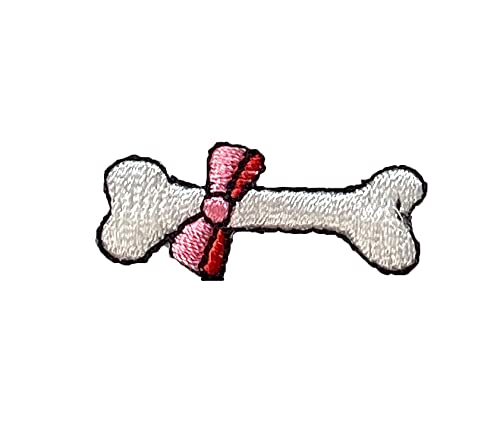 White Dog Bone with Pink Bow Embroidered Iron-On Patch for Pets - Perfect for DIY Pet Clothes, Costumes & Accessories