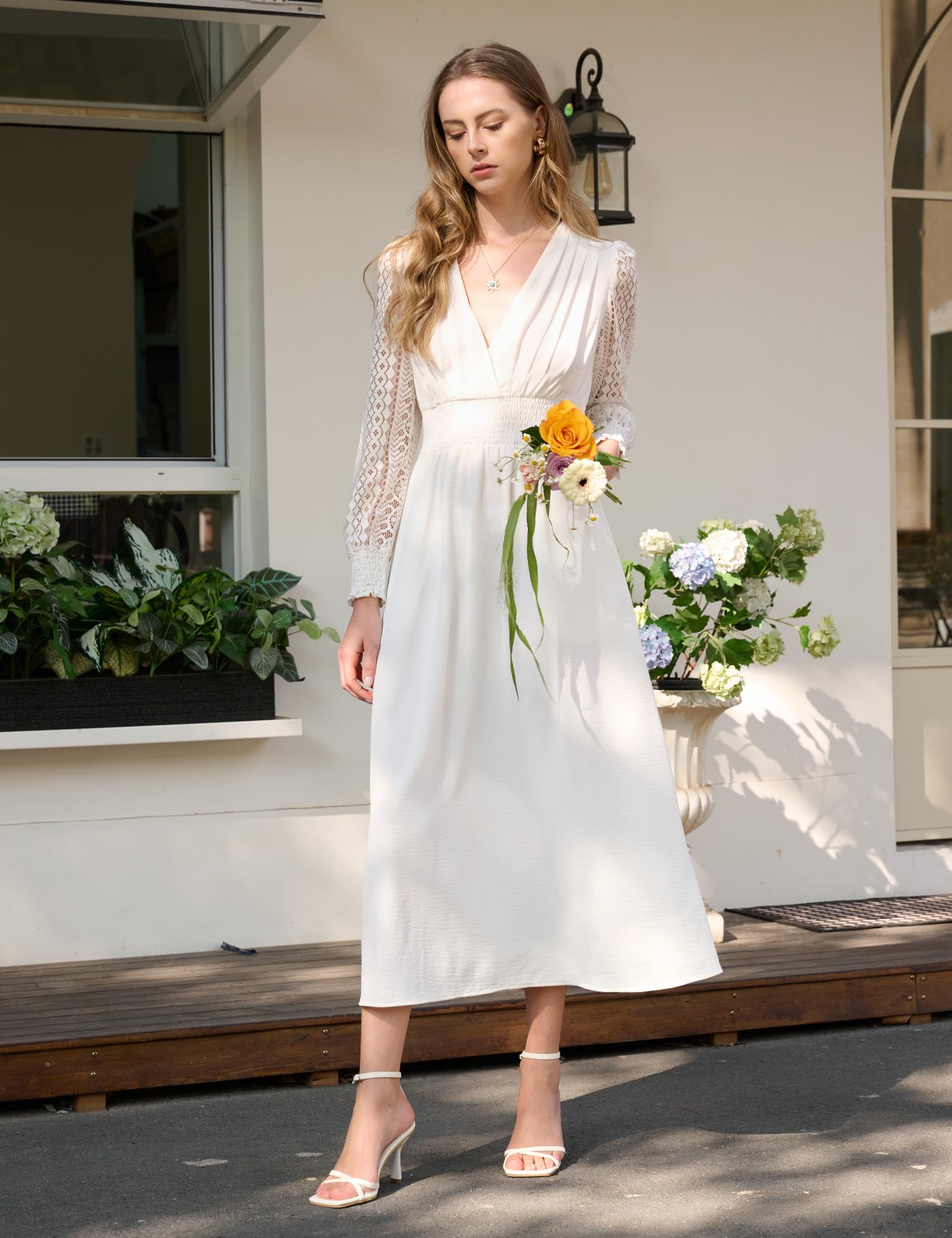 Elegant Lace Long Sleeve Maxi Dress for Women - V Neck Semi Formal Church & Wedding Guest Dress with Pockets | Perfect for Spring Weddings, Church Events & Special Occasions