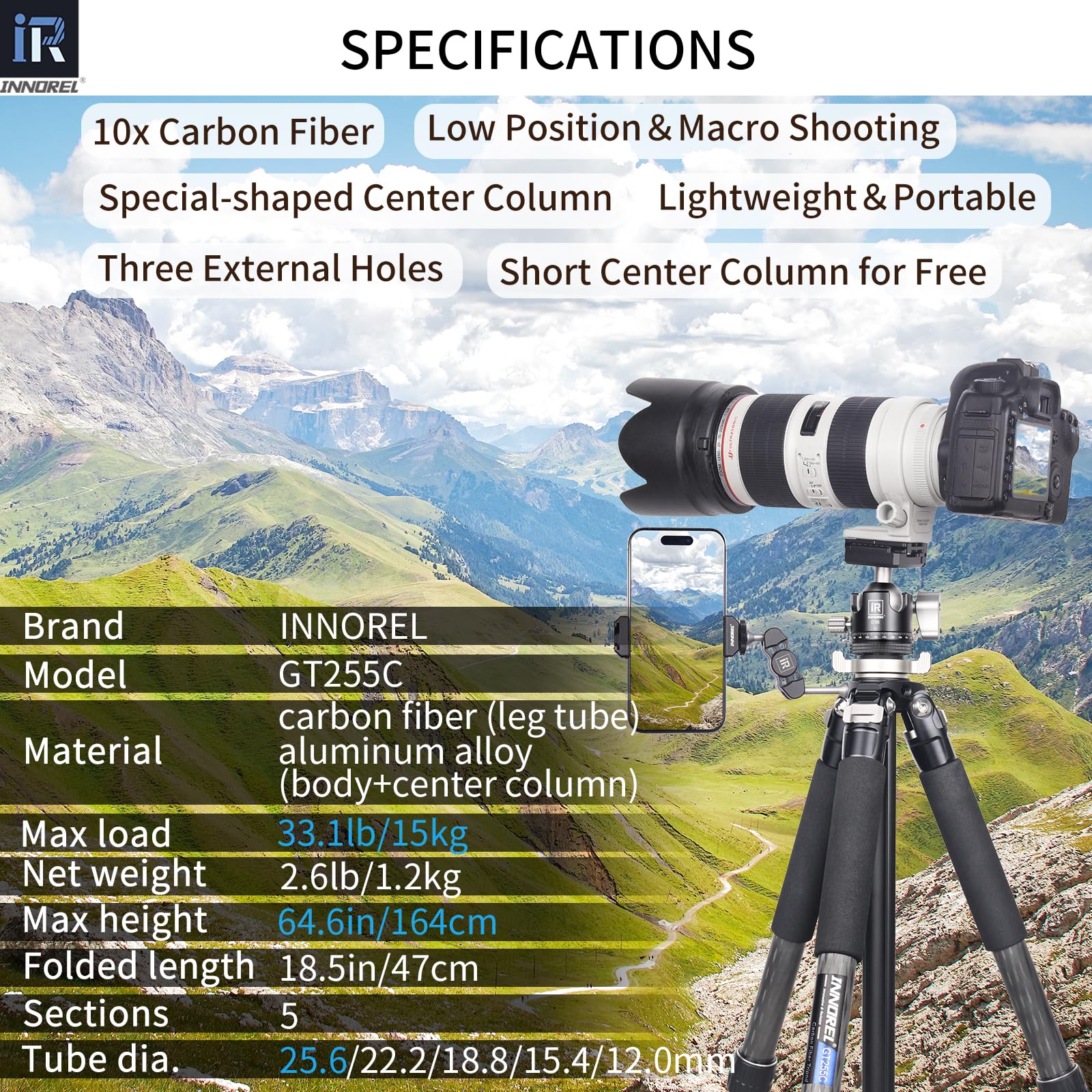 **INNOREL GT255C Carbon Fiber Travel Tripod - 64.6