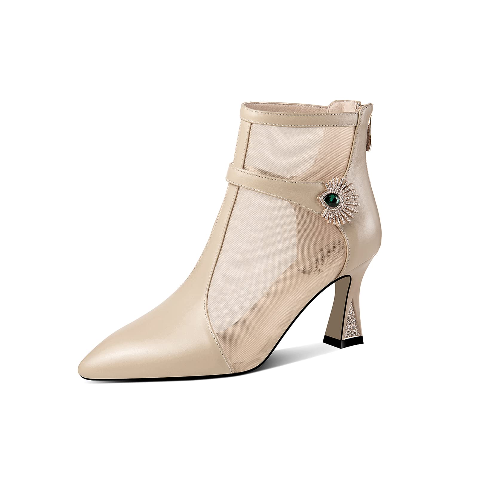 TinaCus Women's Summer Ankle Boots - Handmade Genuine Leather & Mesh Zip Up Spool Heel with Green Crystal | Fashionable Comfort for Casual Outings, Date Nights & Office Wear