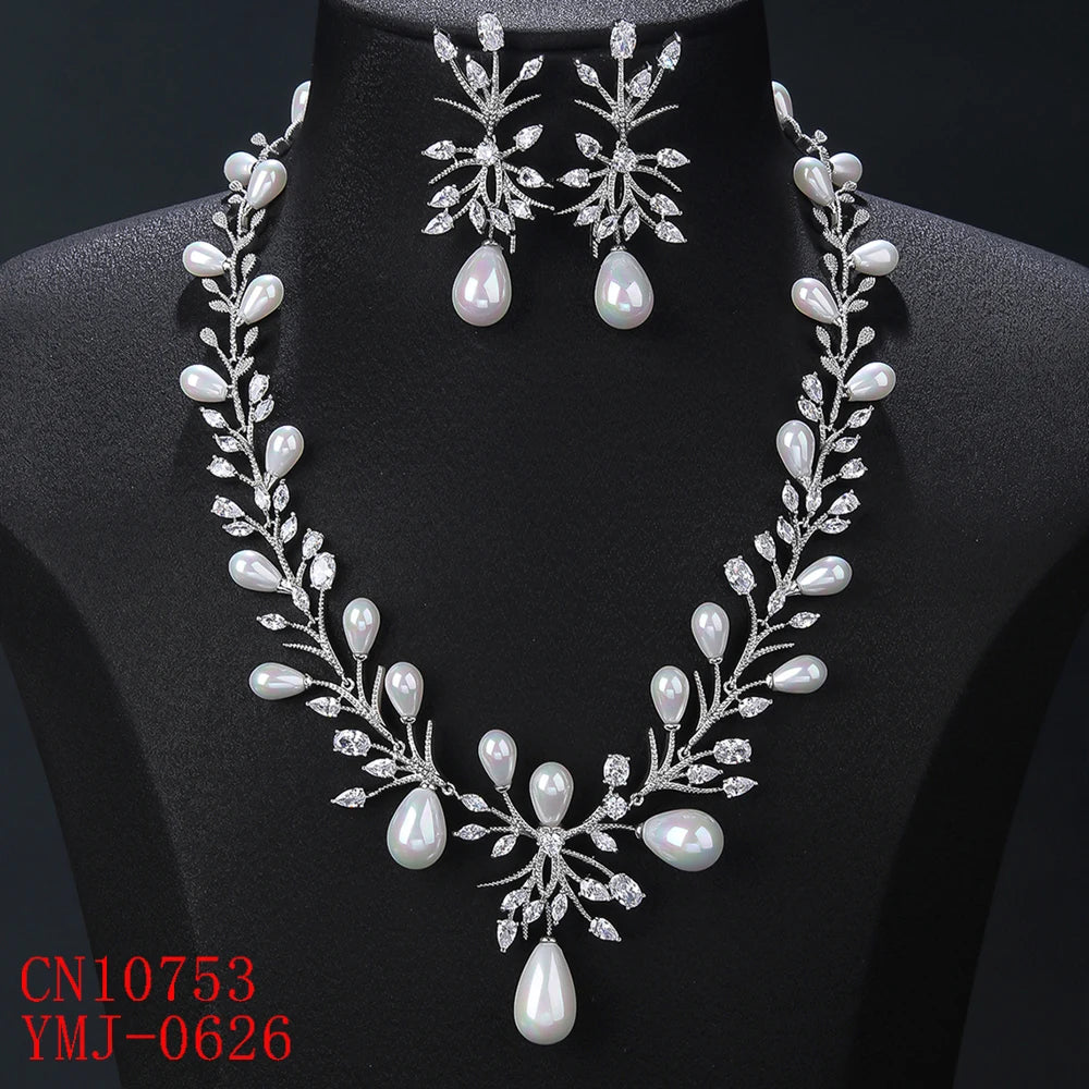 Luxury White Cubic Zirconia Pearl Necklace & Earrings Set for Women - Elegant Wedding, Bridal Party Jewelry Gift - Perfect for Anniversary, Prom & Formal Occasions