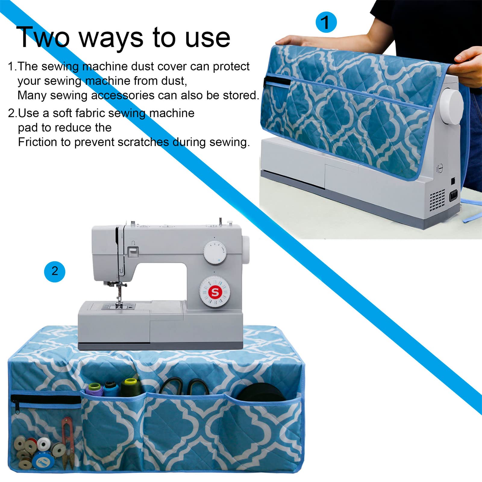 Non-Slip Sewing Machine Pad for Table with 4 Storage Pockets - Dustproof Quilting Machine Cover - Blue Floral Pattern Sewing Accessories Organizer - Perfect for Craft Rooms, Quilting Stations & Home Sewing Projects