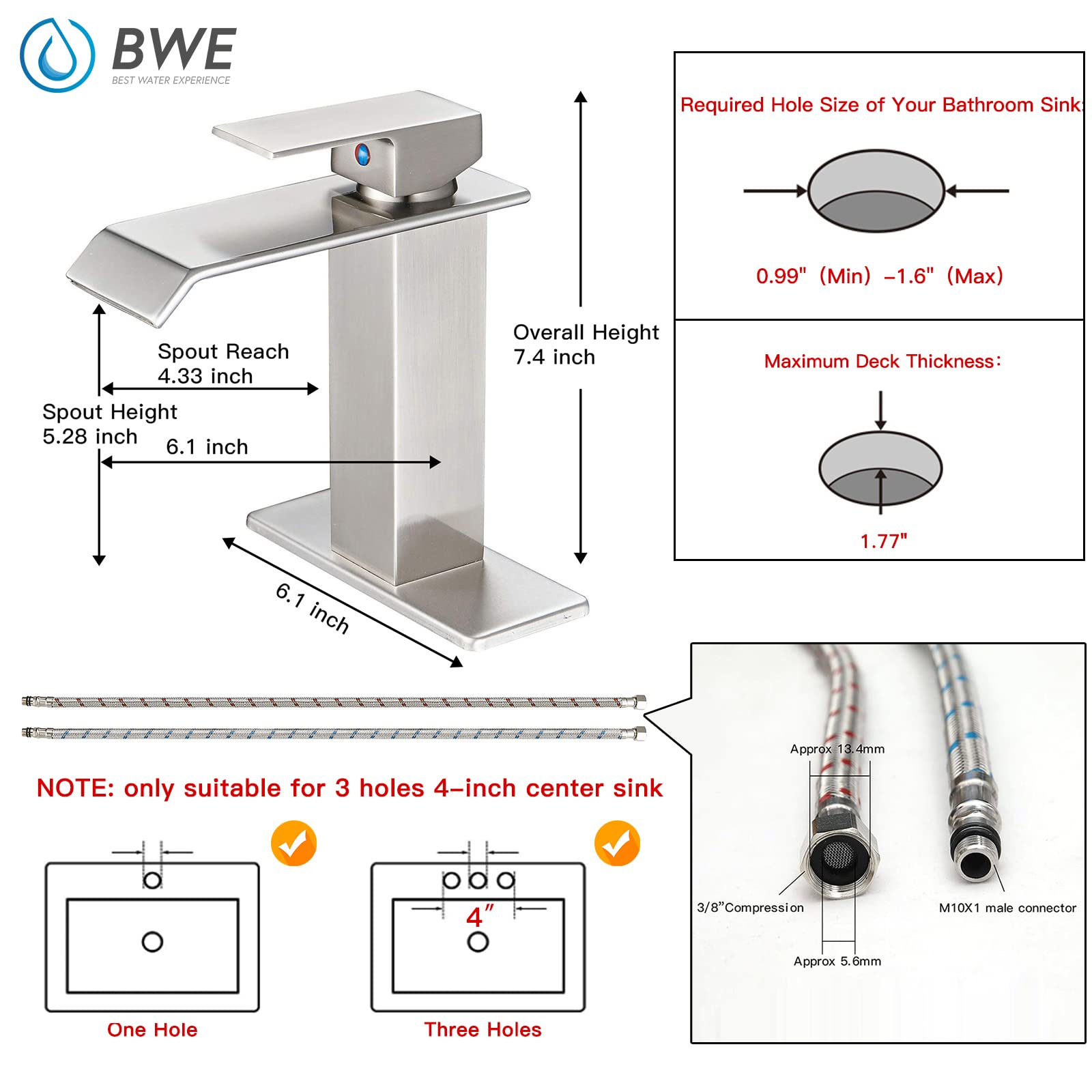 BWE Single Handle Bathroom Faucet Brushed Nickel - Waterfall Single Hole Bathroom Sink Faucet with Drain Stopper & Overflow - Perfect for Vessel Sinks, Vanities, and Modern Bathroom Upgrades