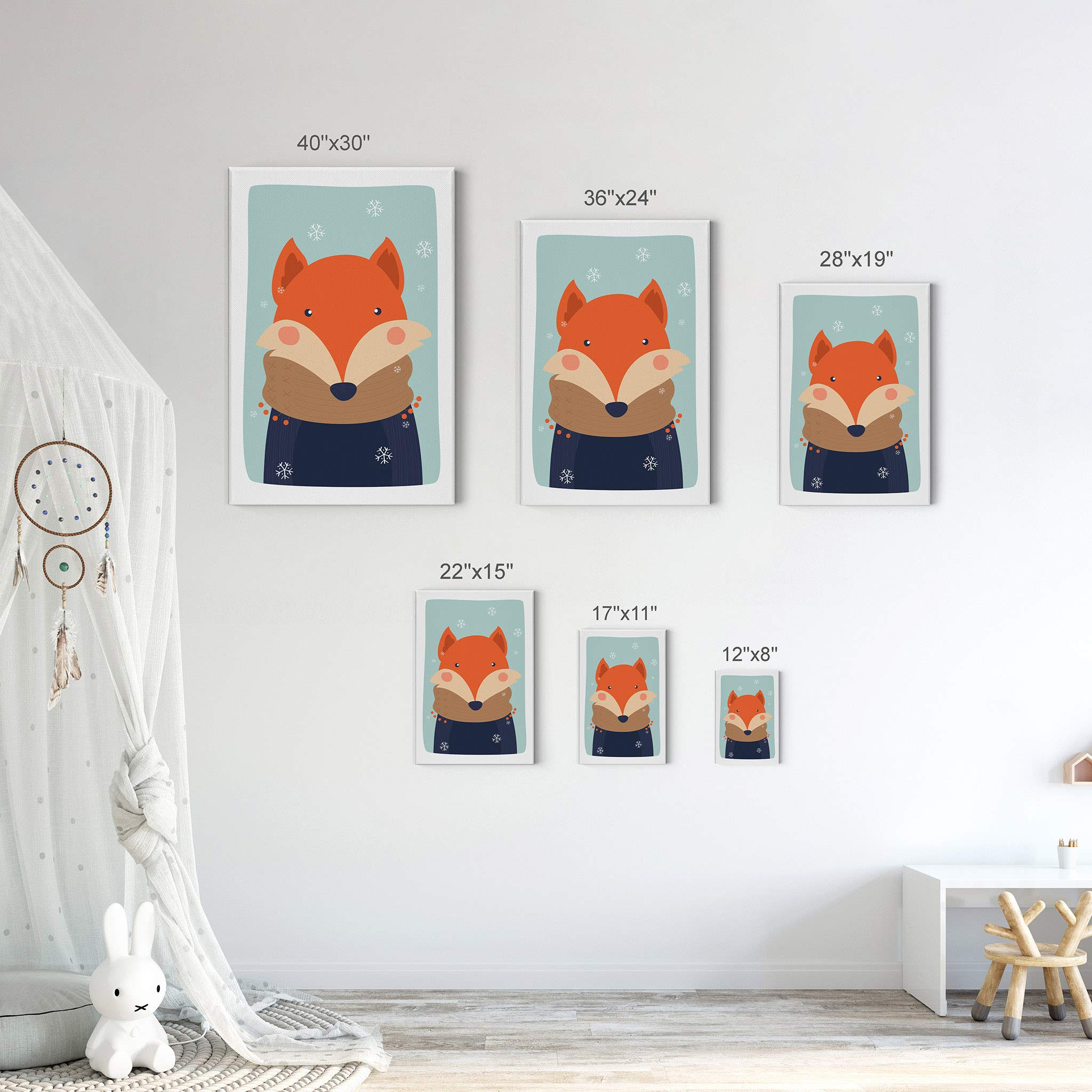 Smile Art Design Cute Fox Winter Theme Canvas Print - Turquoise Background Wall Art for Kids Room, Nursery & Baby Room Decor - Ready to Hang 17x11 Inches - Made in USA | Perfect for Children's Bedrooms, Playrooms & Gift Giving