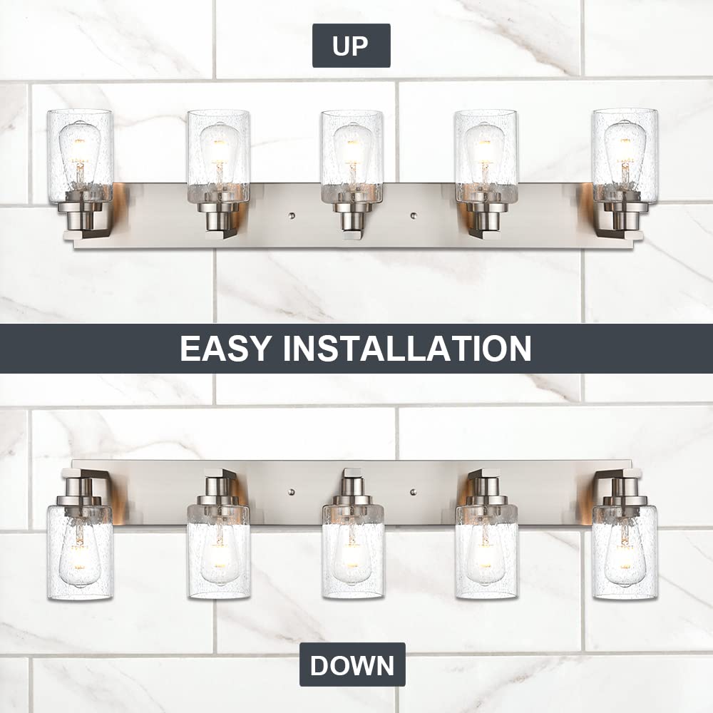Brushed Nickel Vanity Light Fixture with 5 Seeded Glass Shades - Modern Bathroom Mirror Lighting for Vanity, Kitchen & Living Room - Perfect for Makeup, Shaving & Ambient Decor