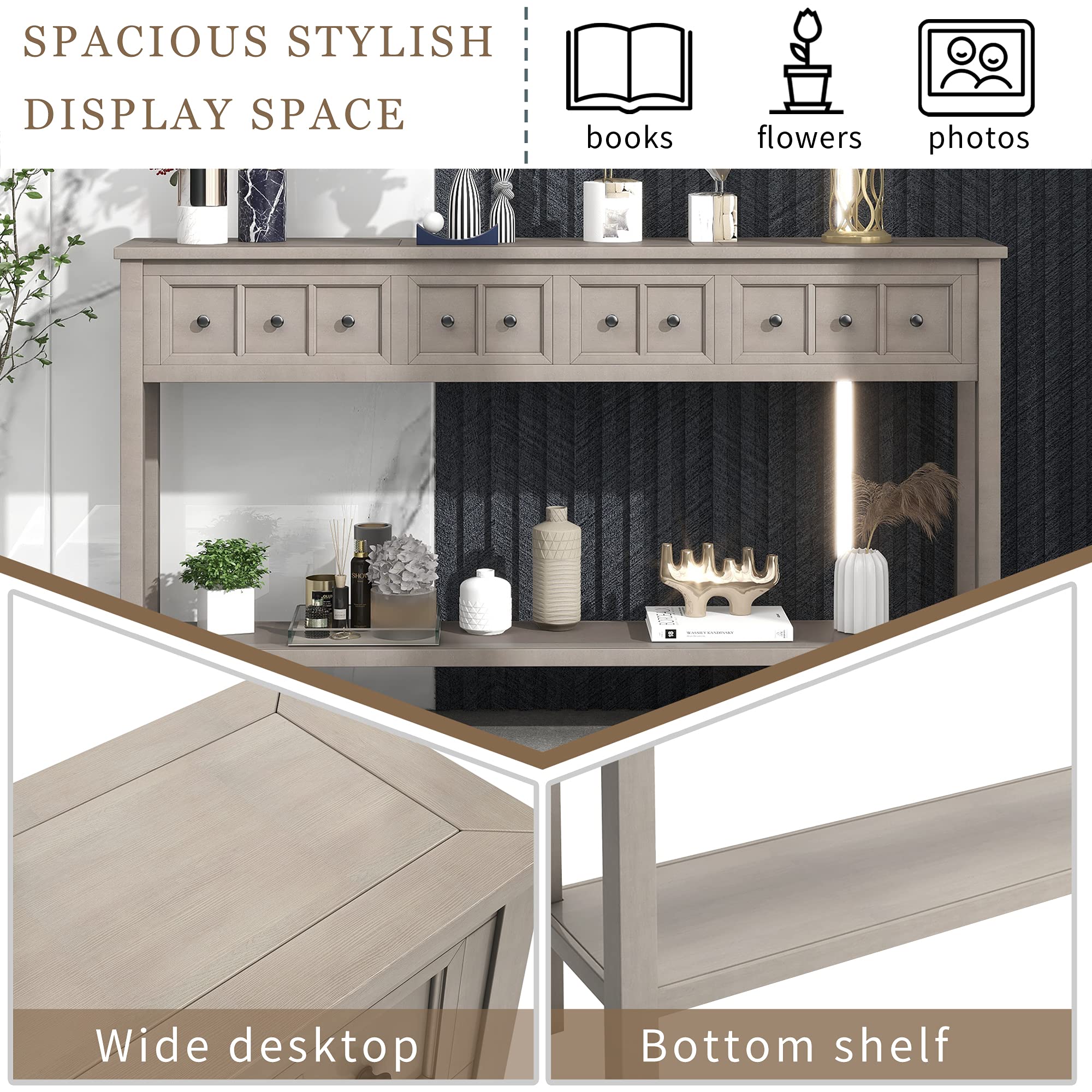Rustic Entryway Console Table 60 Inch - Narrow Long Sofa Table with 2 Drawers & 1 Shelf, 2-Tier Wooden Hall Table for Living Room, Bedroom, Hallway - Gray Wash Finish | Perfect for Small Spaces & Home Decor