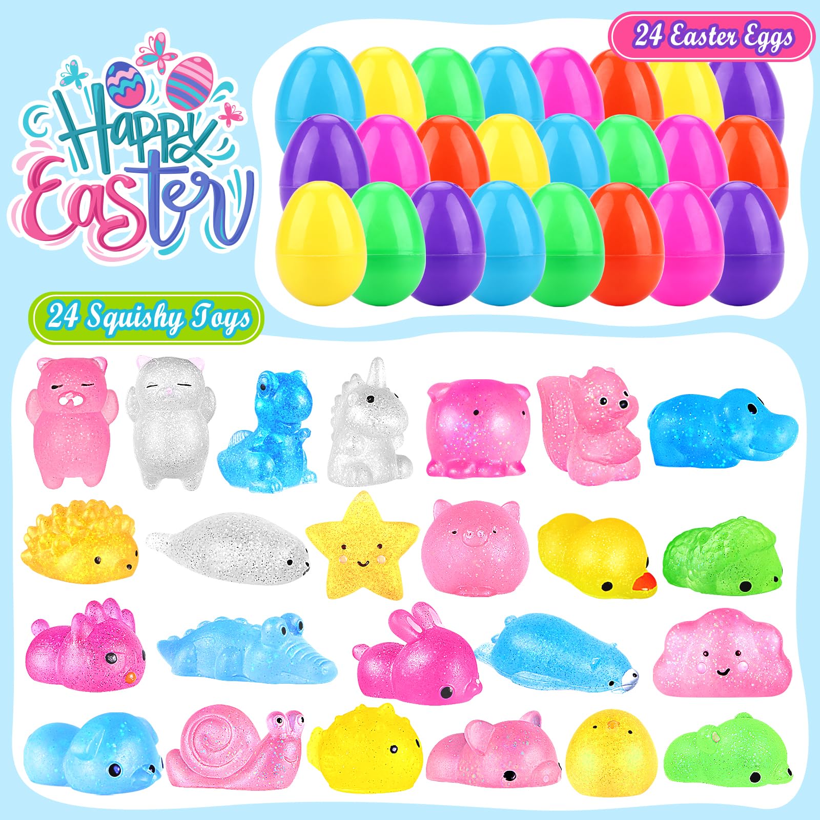 24-Piece Prefilled Easter Eggs with Mini Glitter Animal Toys - Mochi Squishy Stress Relief for Easter Basket Stuffers, Egg Hunts & Classroom Prizes - Perfect for Easter Party Favors, Kids' Activities & Gift Giving