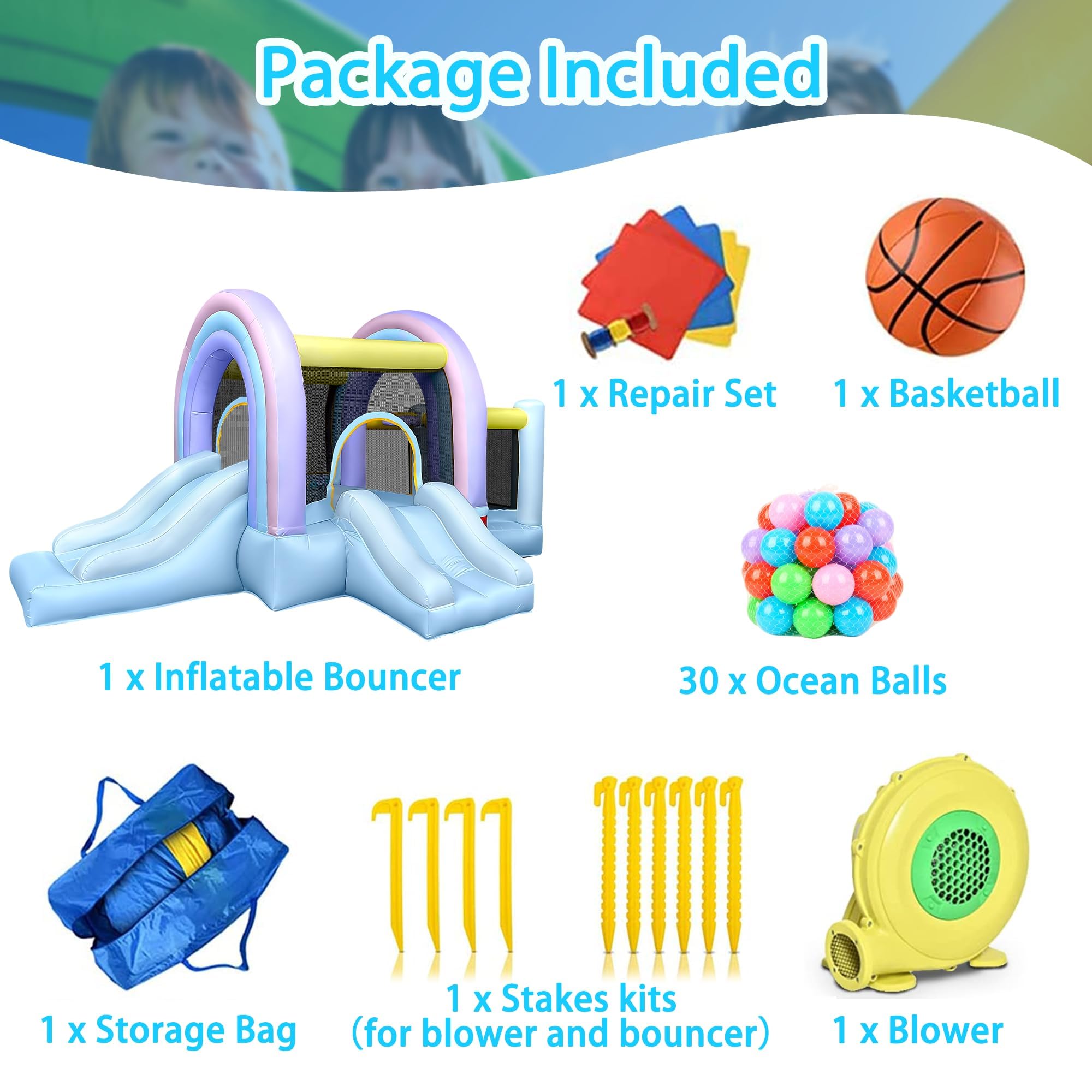 RETRO JUMP Inflatable Bounce House for Kids - Blue Marshmallow Bouncy Castle with Slide, Ball Play Room & Basketball Hoop | Outdoor Inflatable Playhouse with Blower, Balls, Patch Kits & Stakes | Perfect for Birthday Parties, Backyard Fun & Outdoor Playdates