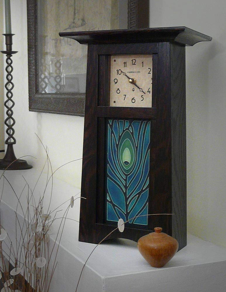 American Made Craftsman Style Oak Wood Mantel Clock with Peacock Feather Art Tile, Slate Finish, 15