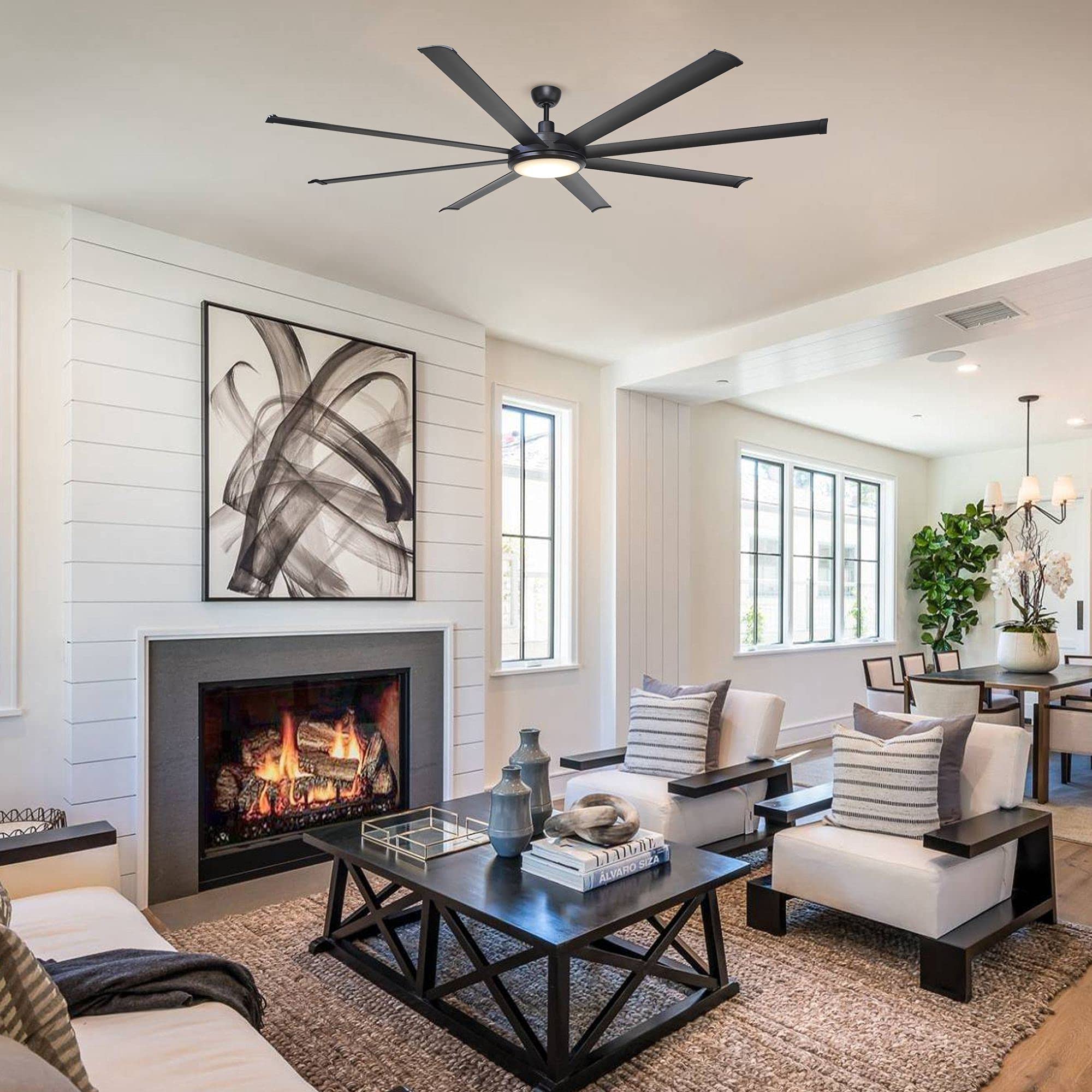 75 Inch Black Ceiling Fan with LED Light and Remote Control - High CFM DC Motor, 8 Reversible Blades, Timer Function - Flush Mount Indoor/Outdoor Ceiling Fan for Bedroom, Living Room, Patio - ETL Certified (Perfect for Cooling Large Spaces with Stylish Lighting)