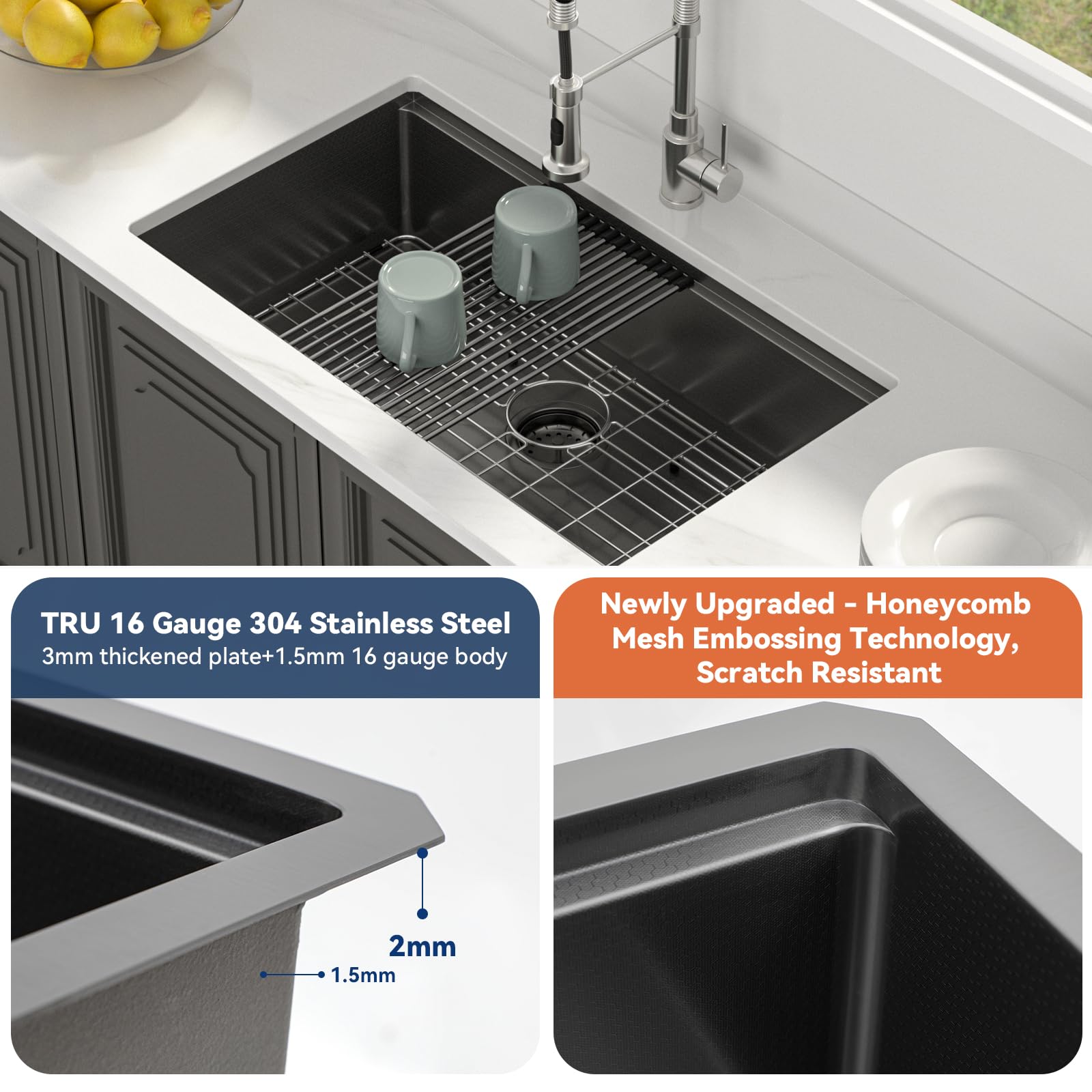 Lordear 33-Inch Black Undermount Kitchen Sink - Honeycomb Nano Finish 16 Gauge T304 Stainless Steel Single Bowl Workstation with Cutting Board - Perfect for Food Prep & Dishwashing in Modern Kitchens