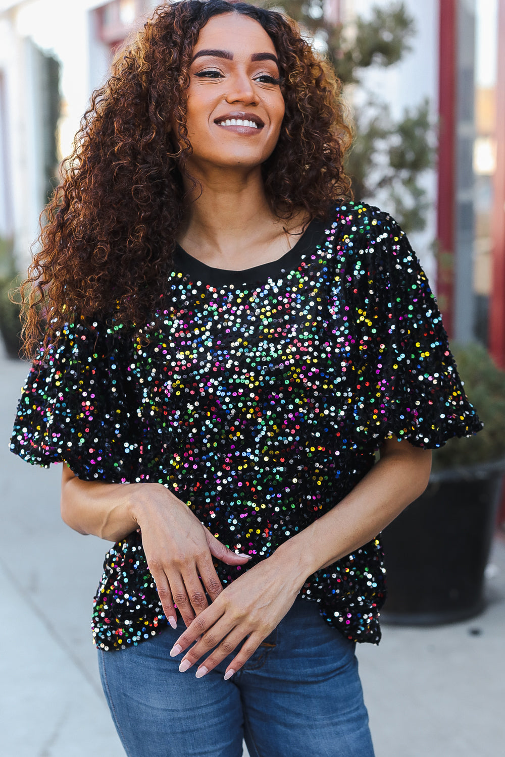 Black Velvet Multicolor Sequin Puff Sleeve Top for Women | Holiday Party & Christmas Outfit | Perfect for Festive Gatherings, NYE Celebrations & Special Occasions