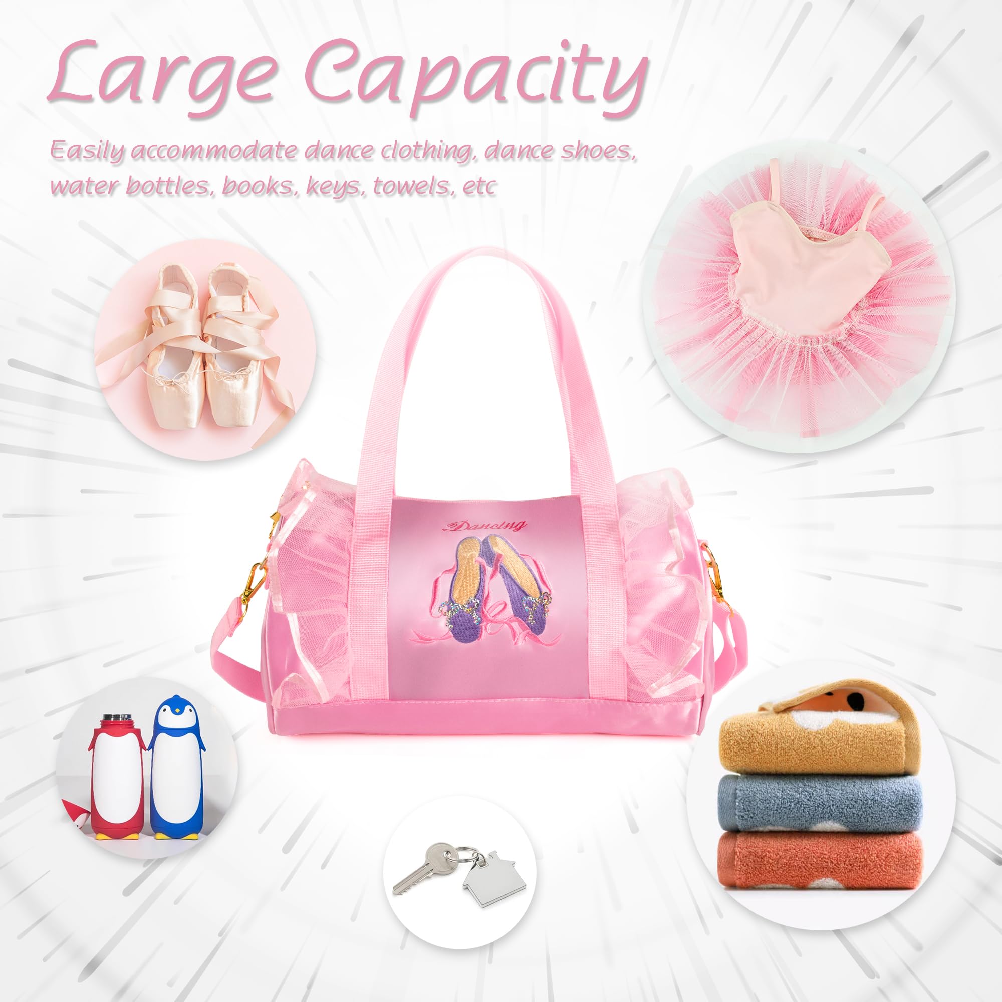 Besbomig Pink Ballet Dance Bag for Girls - Adjustable Shoulder Bag & Crossbody Sports Purse for Ballerina, Dancewear Storage & Princess Shoes Tote - Perfect for Ballet Class, Dance Recitals & Kids Dance Practice