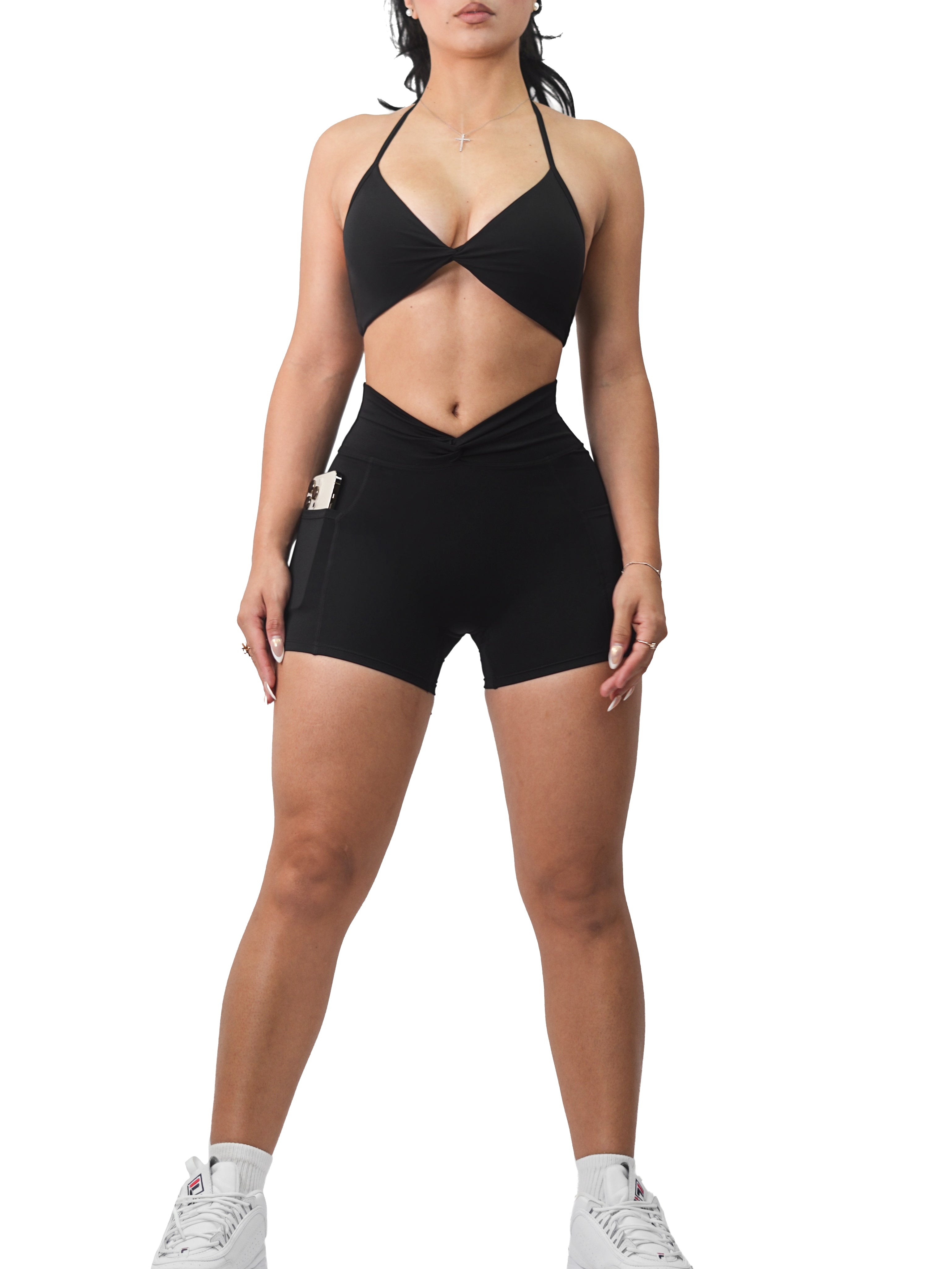 Pocket Twist Booty Shorts for Women - High Waisted Stretchy Workout Shorts (Black) | Perfect for Gym, Running, Yoga & Casual Wear