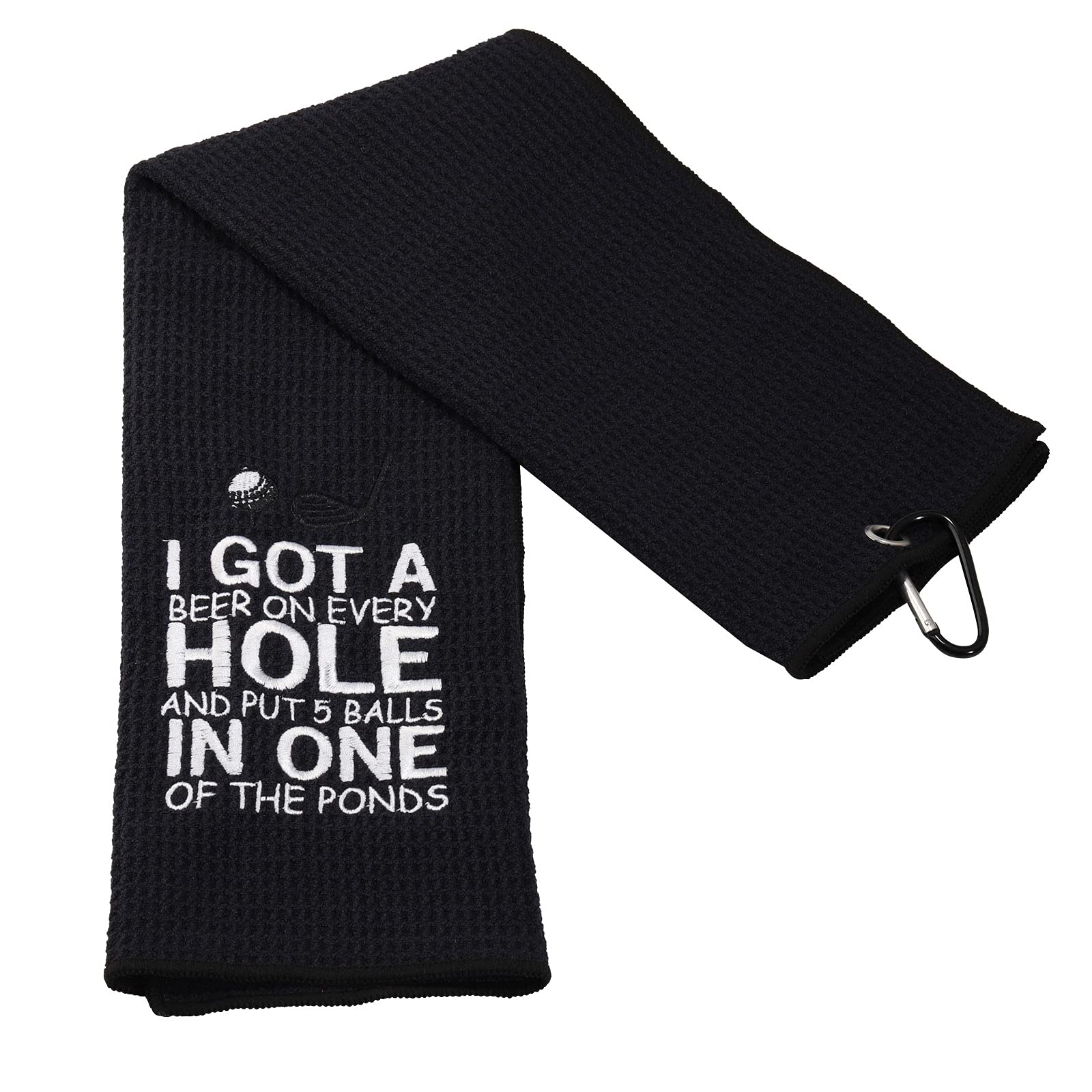 PXTIDY Funny Golf Towels for Men - 'I Got A Beer On Every Hole' Embroidered Golf Towel with Clip - Perfect Gift for Golf & Beer Lovers (Black) - Great for Golf Courses, Driving Ranges & Sports Events