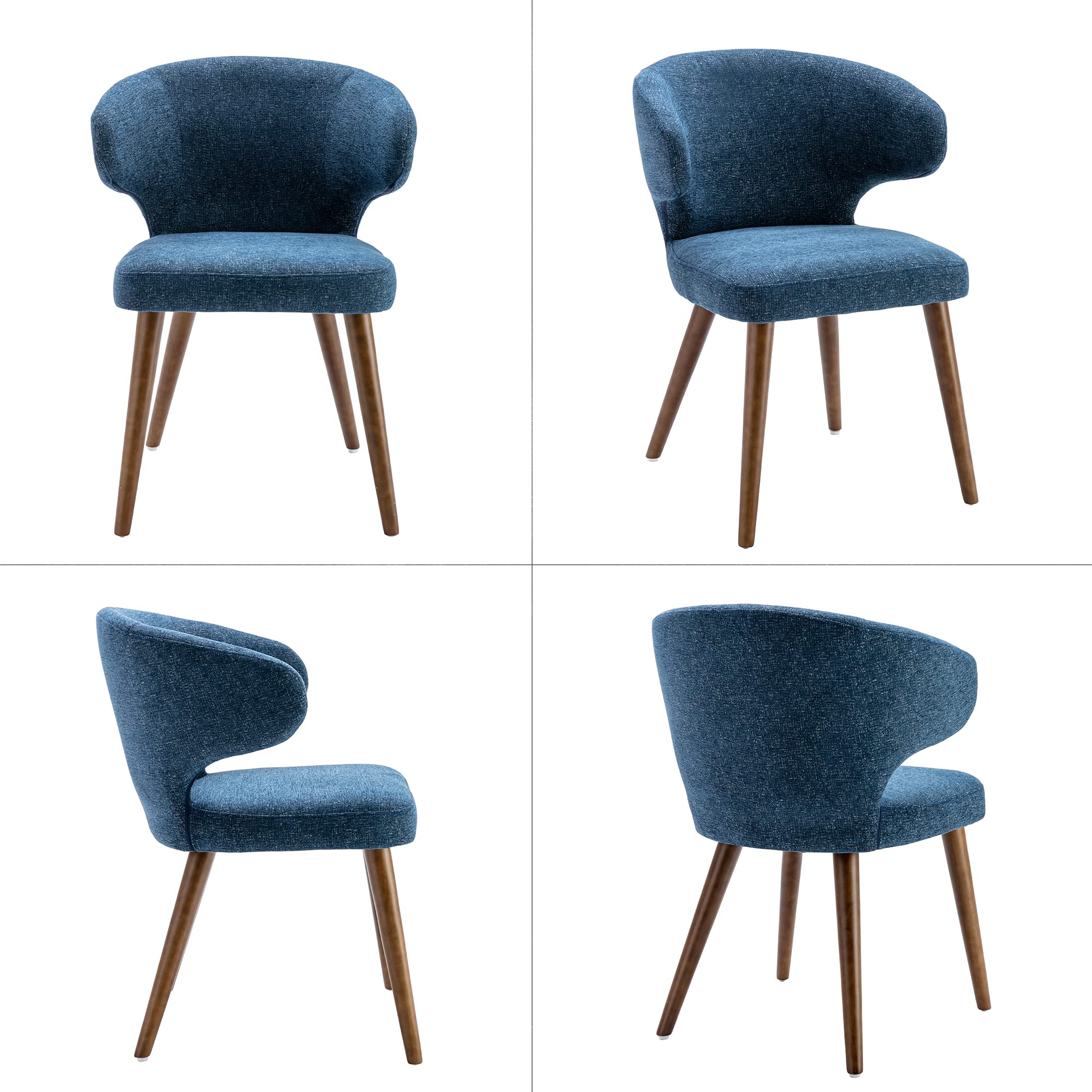 Mid Century Modern Dining Chairs Set of 2 - Upholstered Curved Wingback Accent Arm Chairs with Solid Wood Legs in Navy Blue Linen Fabric - Perfect for Dining Room, Living Room or Office Decor