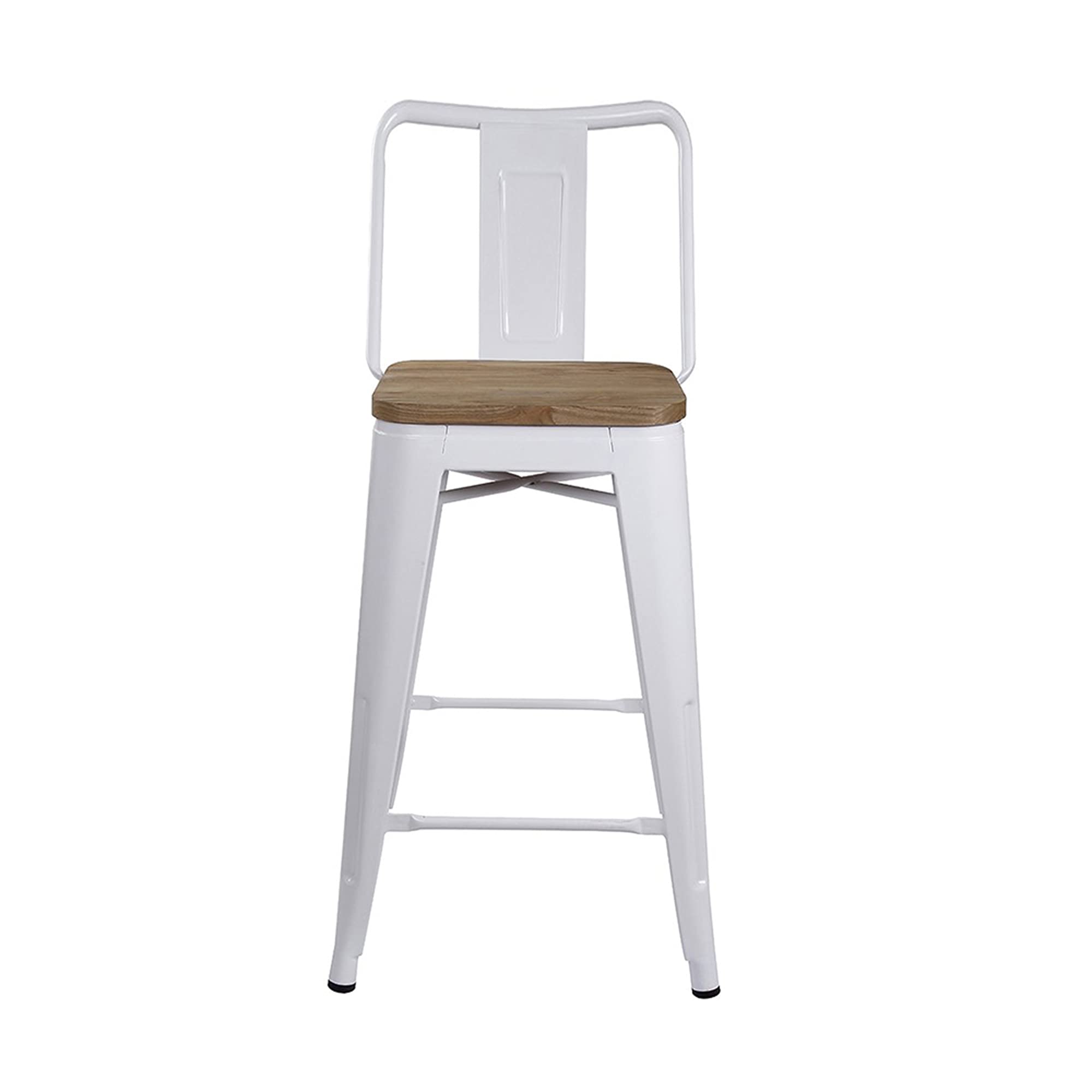 LEEJAY Commercial Grade Indoor Metal Bar Stools Set of 4 - 24 Inch High Back White Counter Height Barstools with Light Wooden Top, 12