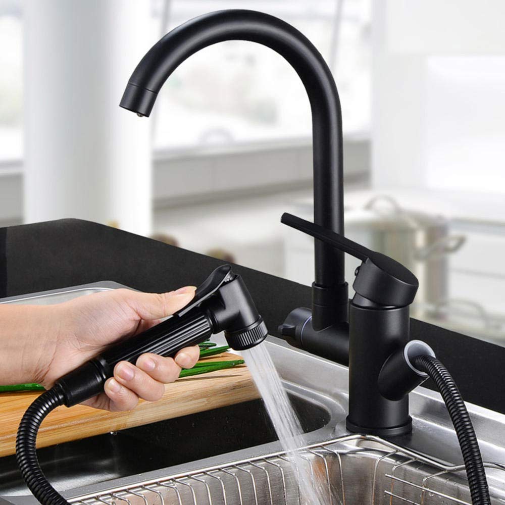Brass Black Kitchen Sink Mixer Tap with Pull Out Spray Gun, Hot and Cold Water, Retractable Rotating Faucet for Modern and Stylish Kitchens