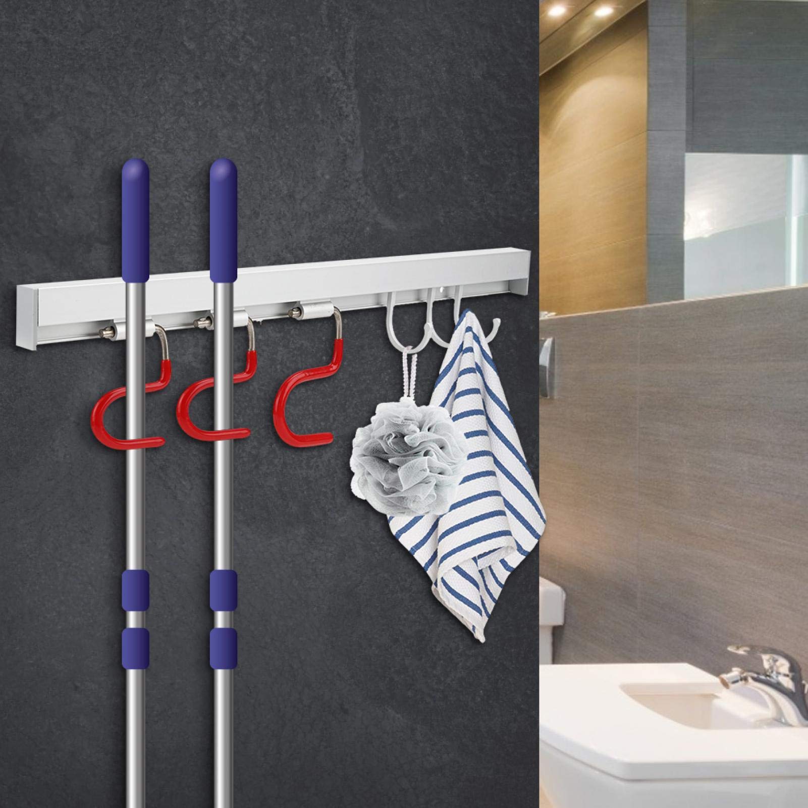 Okuyonic Multifunctional Aluminum Bathroom & Kitchen Storage Rack - 3 Hooks Wall Mounted Organizer for Mops, Brooms & Cleaning Tools | Space Saving Solution for Toilet, Balcony & Household Use