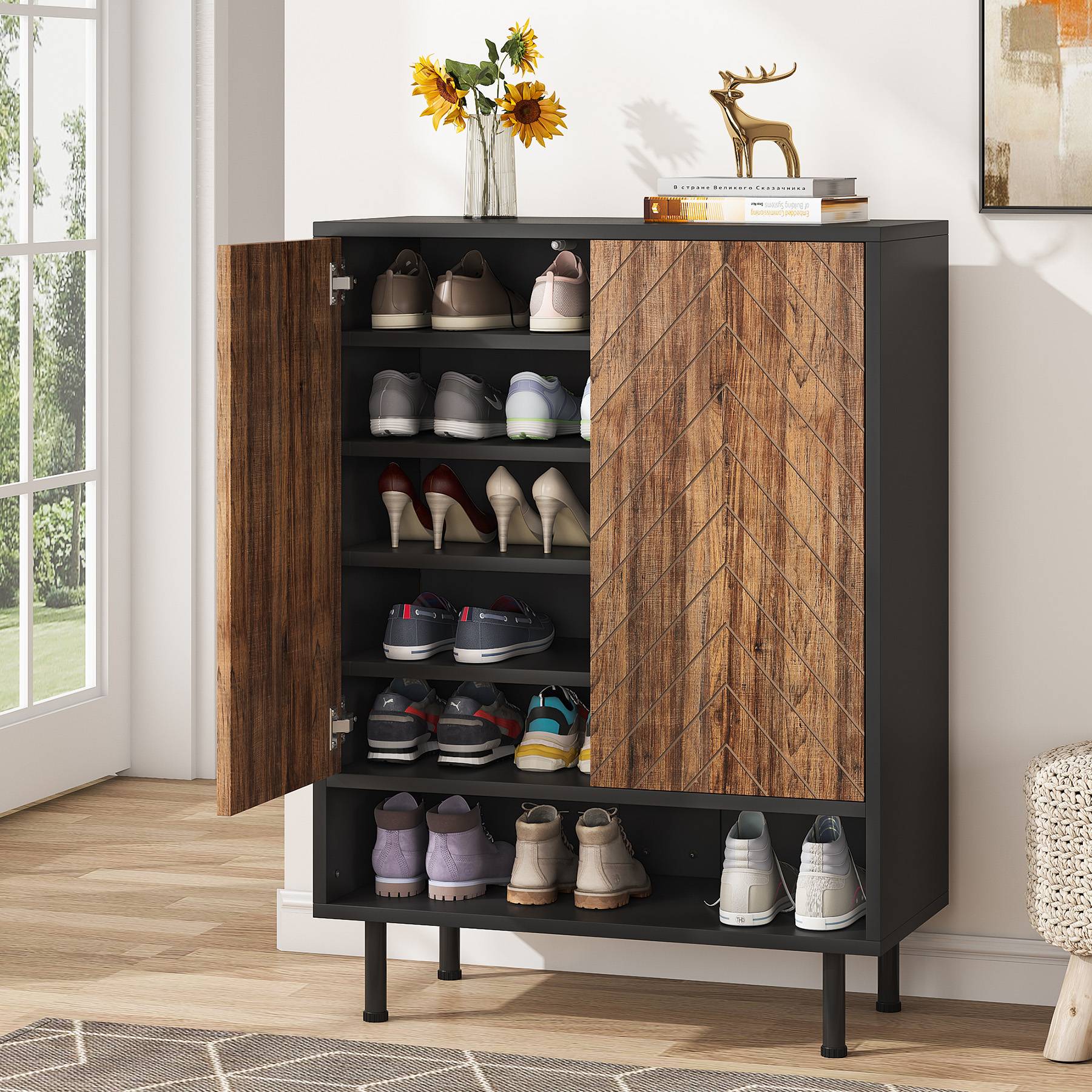 18 Pair Shoe Storage Cabinet - 6 Tier Shoe Rack Organizer with Doors for Entryway, Closet & Bedroom Organization - Space Saving Shoe Shelf for Sneakers, Boots & Heels