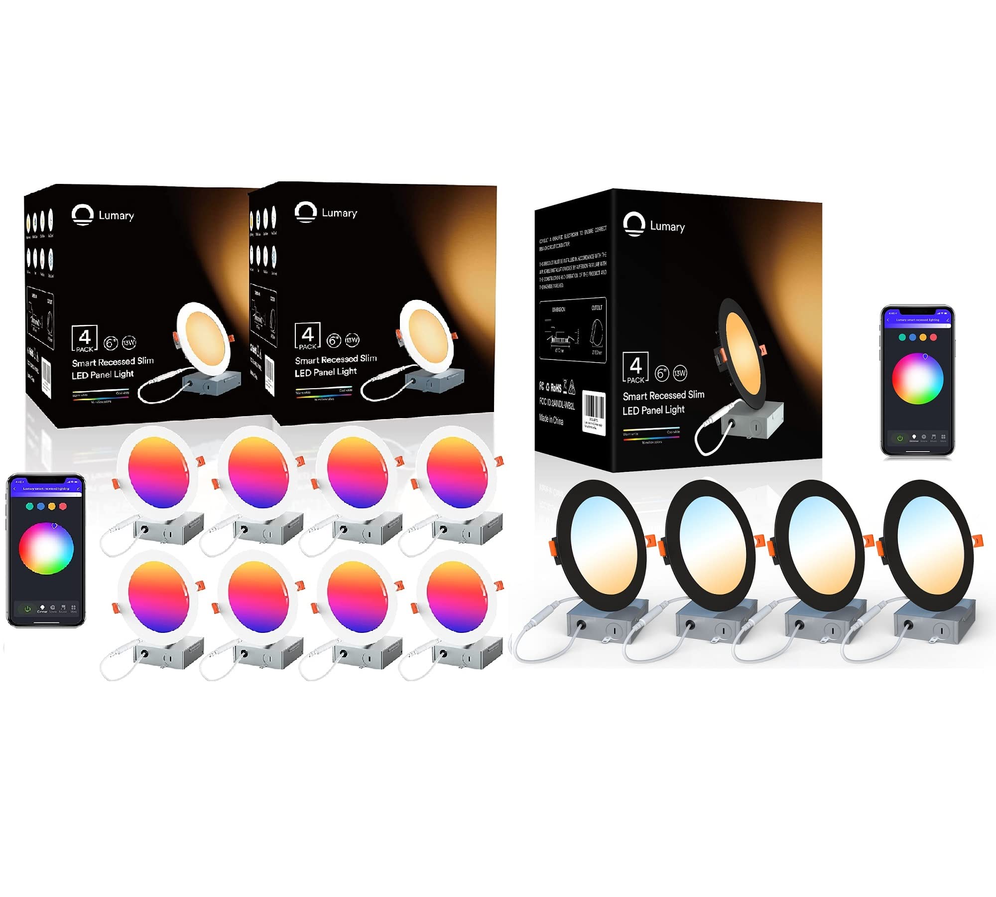 6 Inch Smart Slim Recessed Lighting Kit - 8 Pack White + 4 Pack Black - Dimmable LED Downlights for Home, Kitchen, and Office - Alexa & Google Assistant Compatible