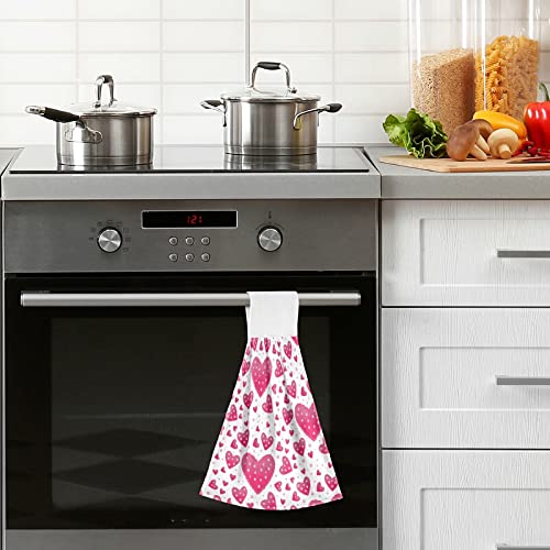 Pink Hearts & Dots Kitchen Oven Towels - 2 Pack Super Absorbent Hanging Hand Towels with Loop for Mothers Day, Valentines Day - Dishcloth, Tea Towel & Bar Mop for Kitchen, Bathroom & Tabletop Cleaning