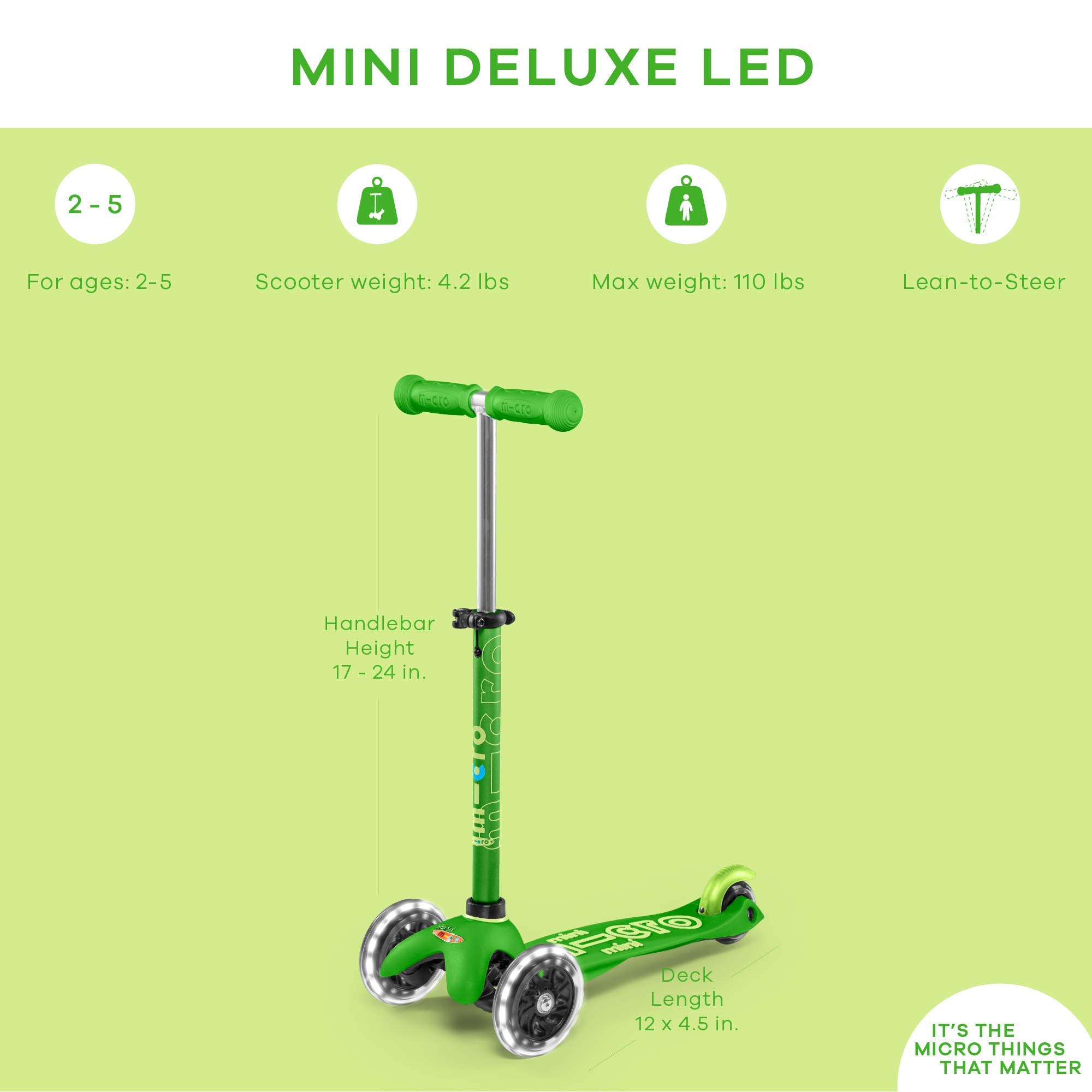 Micro Mini Deluxe LED Skateboard - Unisex Youth Skateboard with Bright LED Wheels (Green, One Size) - Perfect for Night Riding, Commuting & Outdoor Fun