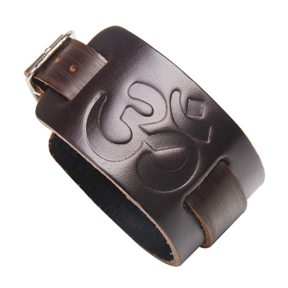 Adjustable Alloy Leather Bracelet with Mantra Sanskrit Om Mani Padme Hum - Unisex Religious Cuff Bangle for Men & Women - Perfect for Meditation, Yoga, and Spiritual Gifts